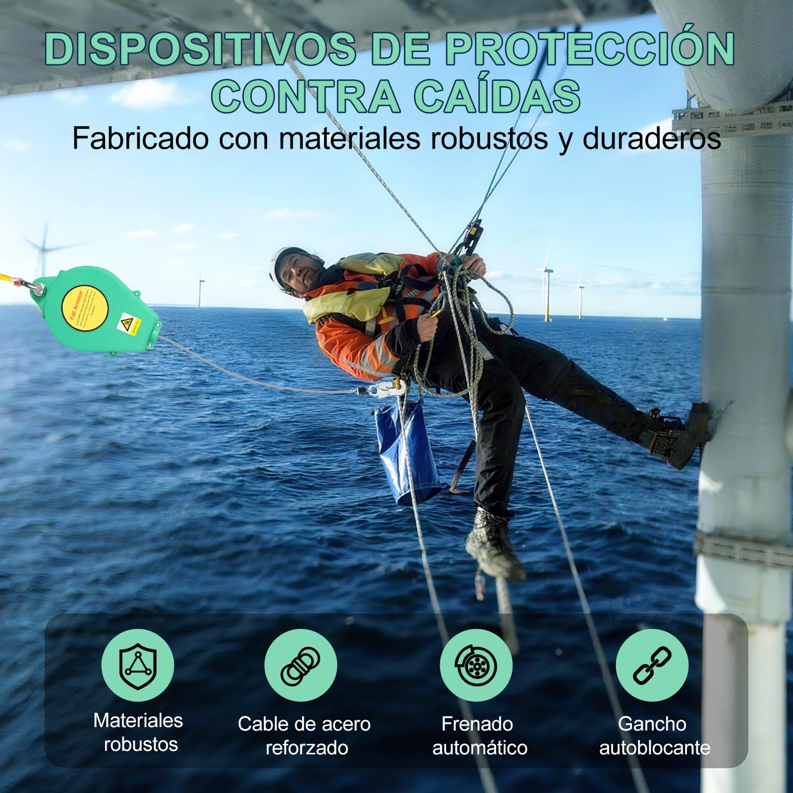 Dispositivo Anticaídas Retráctil, Linea de Vida Retráctil con Frenado Instantáneo, Arnés de Seguridad Industrial con Gancho Autoblocante y Cable Antitorsión para Trabajo Altura (Verde, 20m)