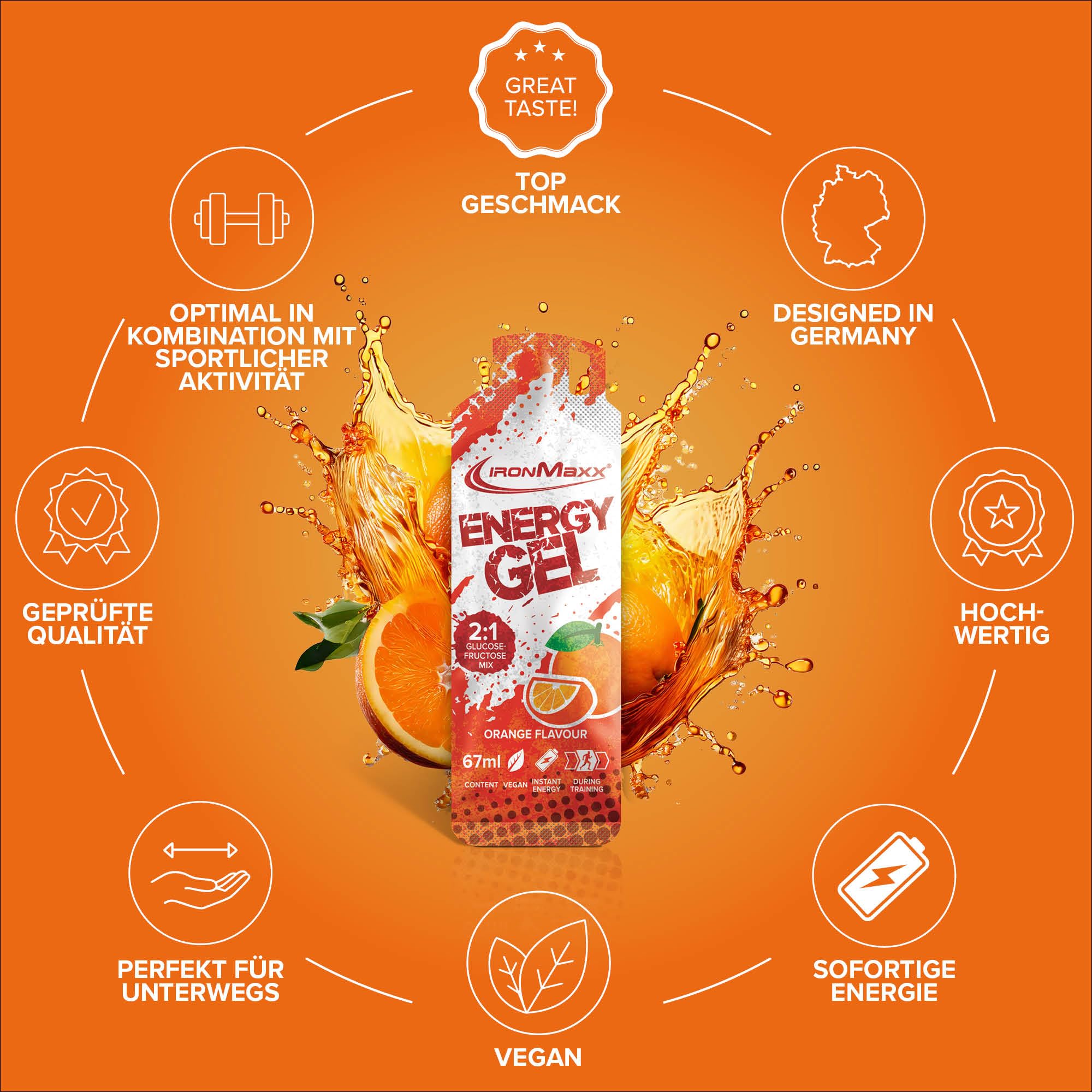 IronMaxx Energy Gel – Orange 24x67 ml | Con 25 g de carbohidratos y 200 mg de sodio por porción | Ideal para esfuerzos físicos intensos | Práctico para llevar a cualquier parte