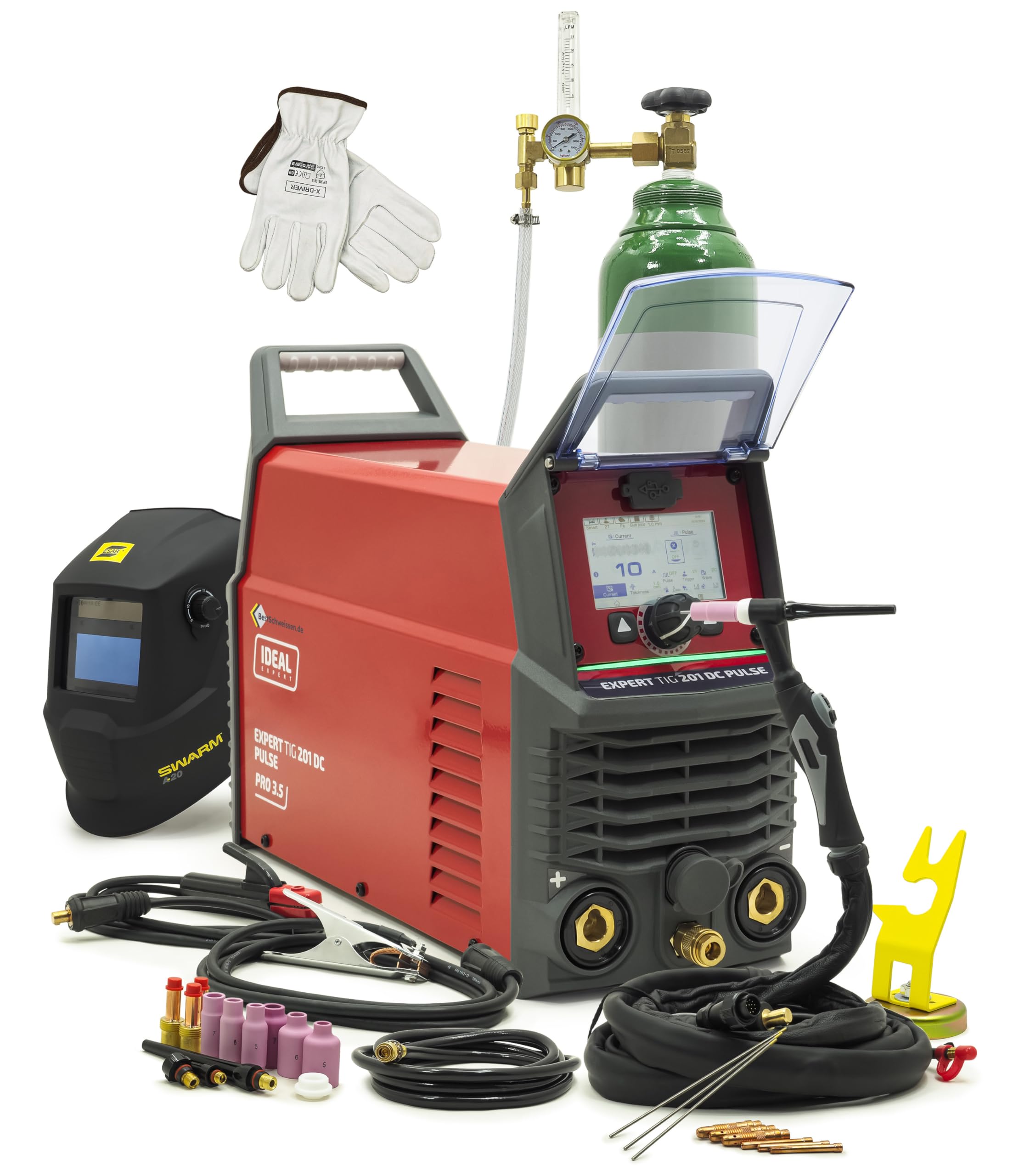 Ideal Expert TIG 201 DC Pulse LCD TIIG Saldatrice Inverter Set completo – Accensione HF 200A – Include bottiglia Argon da 8 l, casco automatico, lenti a gas, magnete, riduttore – Attrezzatura completa