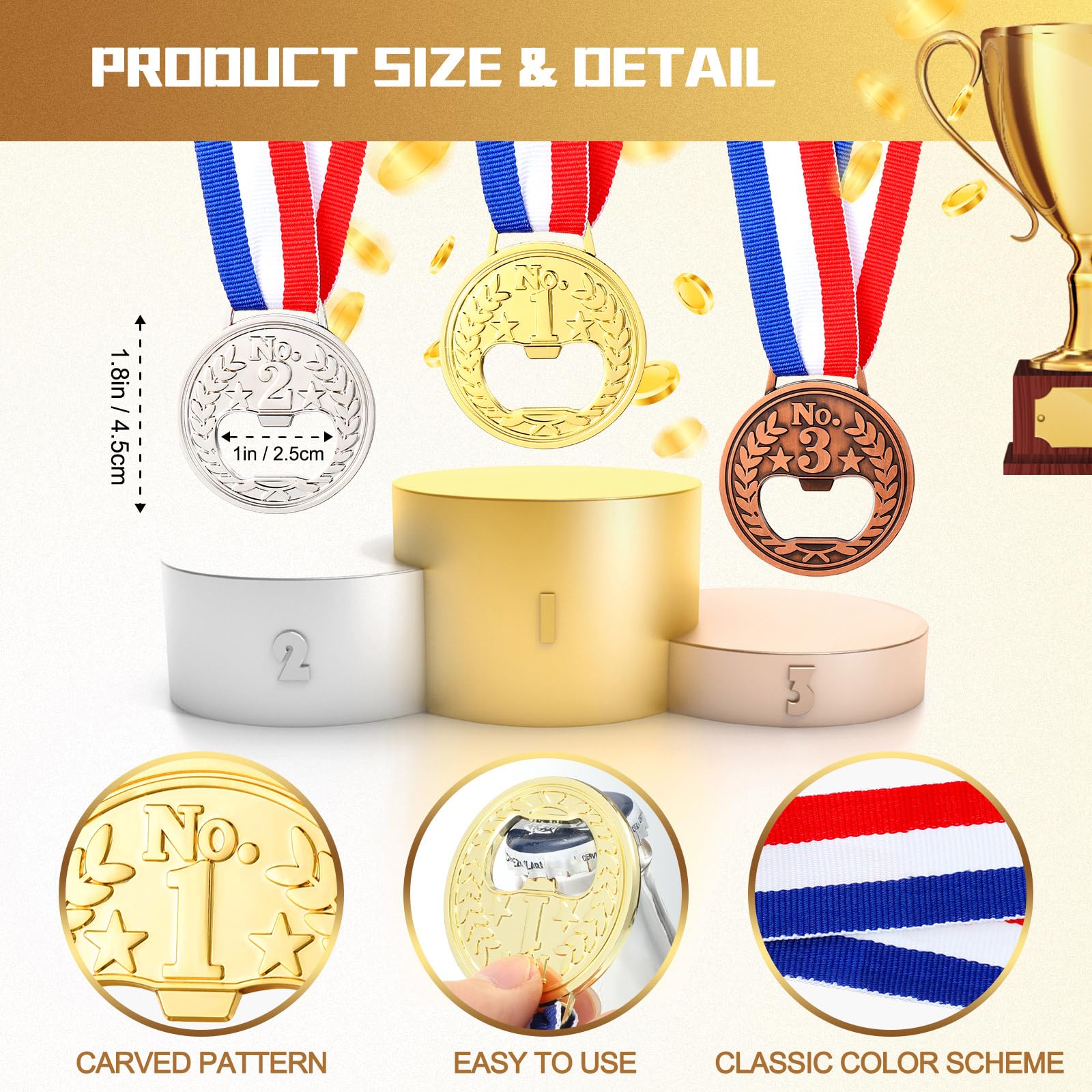 Honeydak Abridor de botellas plano con forma de medalla, ganador, premio, abridor de vino y cerveza, oro, plata, cobre, medalla, trofeo, con cinta para el cuello, para bar, camarero, hombre, cocina,