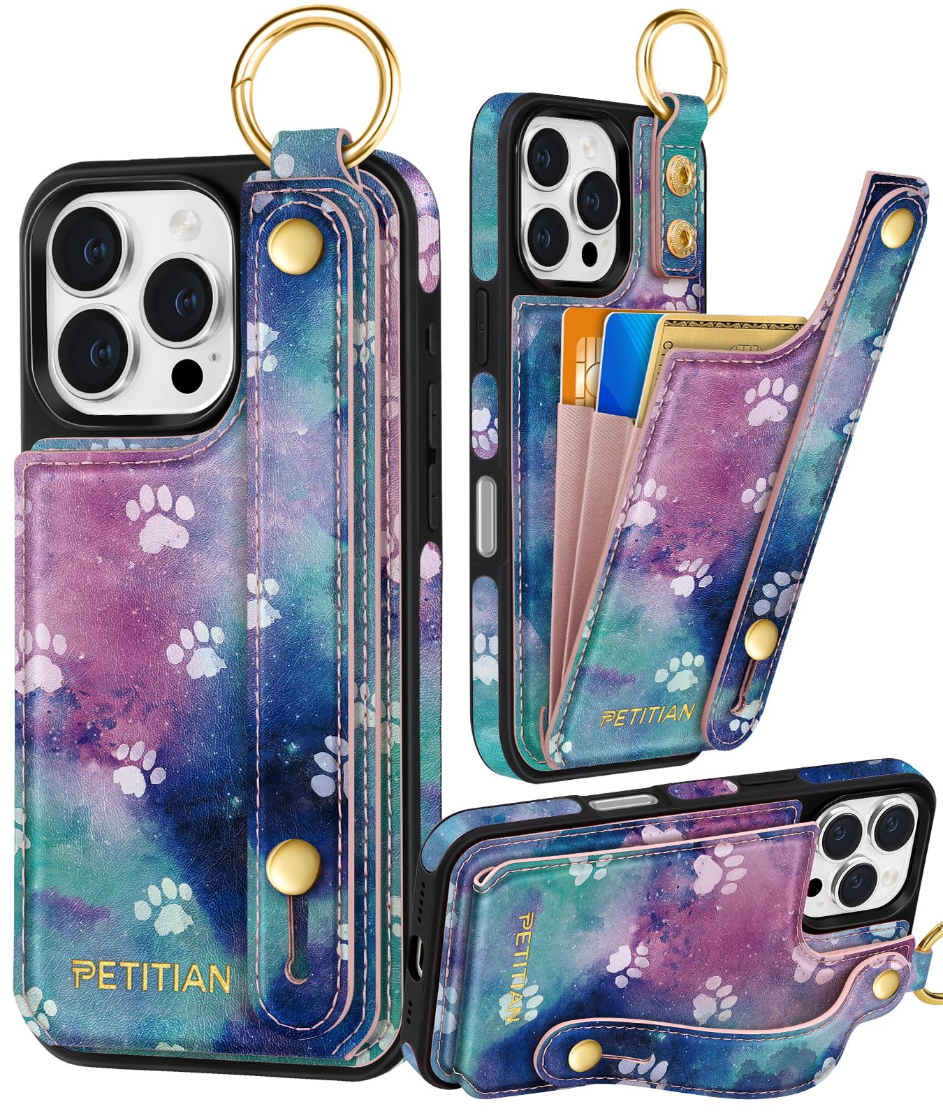 Petitian for iPhone 16 Pro Case Wallet - Women Girls Cute Girly Aesthetic Unique Design Leather Credit Card Holder Cardholder Stand Wristband for
