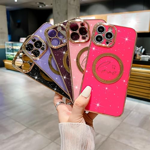 Miniatura 6 de MGQILING Funda magnética con purpurina compatible con iPhone 13 Pro Max de 6.7 pulgadas, funda de lujo con patrón de corazón de amor, compatible con