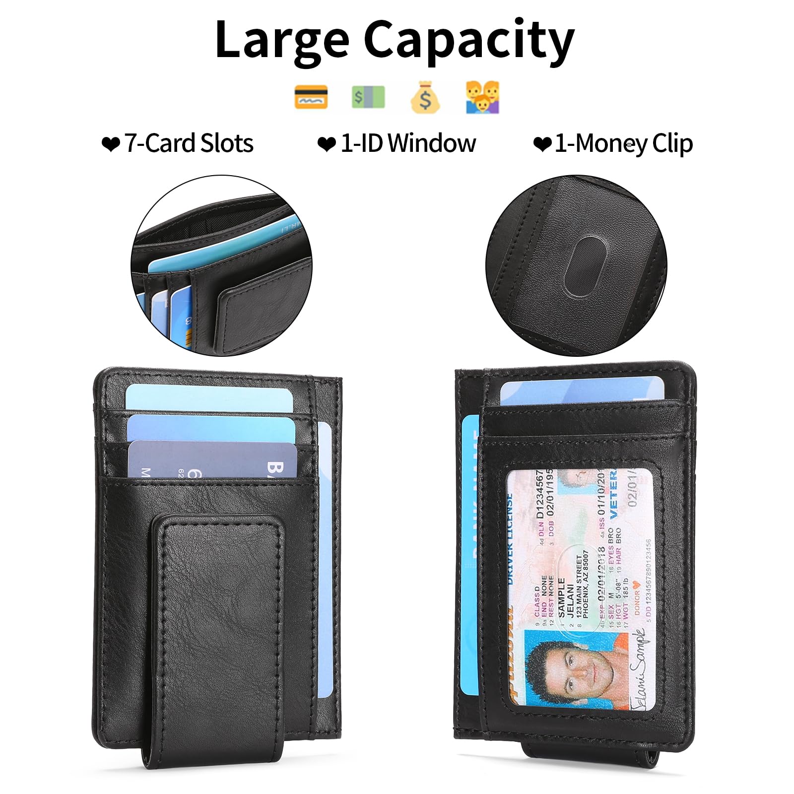 Cartera delgada con cierre magnético para hombre, de piel, bloqueo RFID, minimalista, bolsillo frontal, clip para dinero, tarjetero para tarjetas de crédito, Negro -, Classic 3