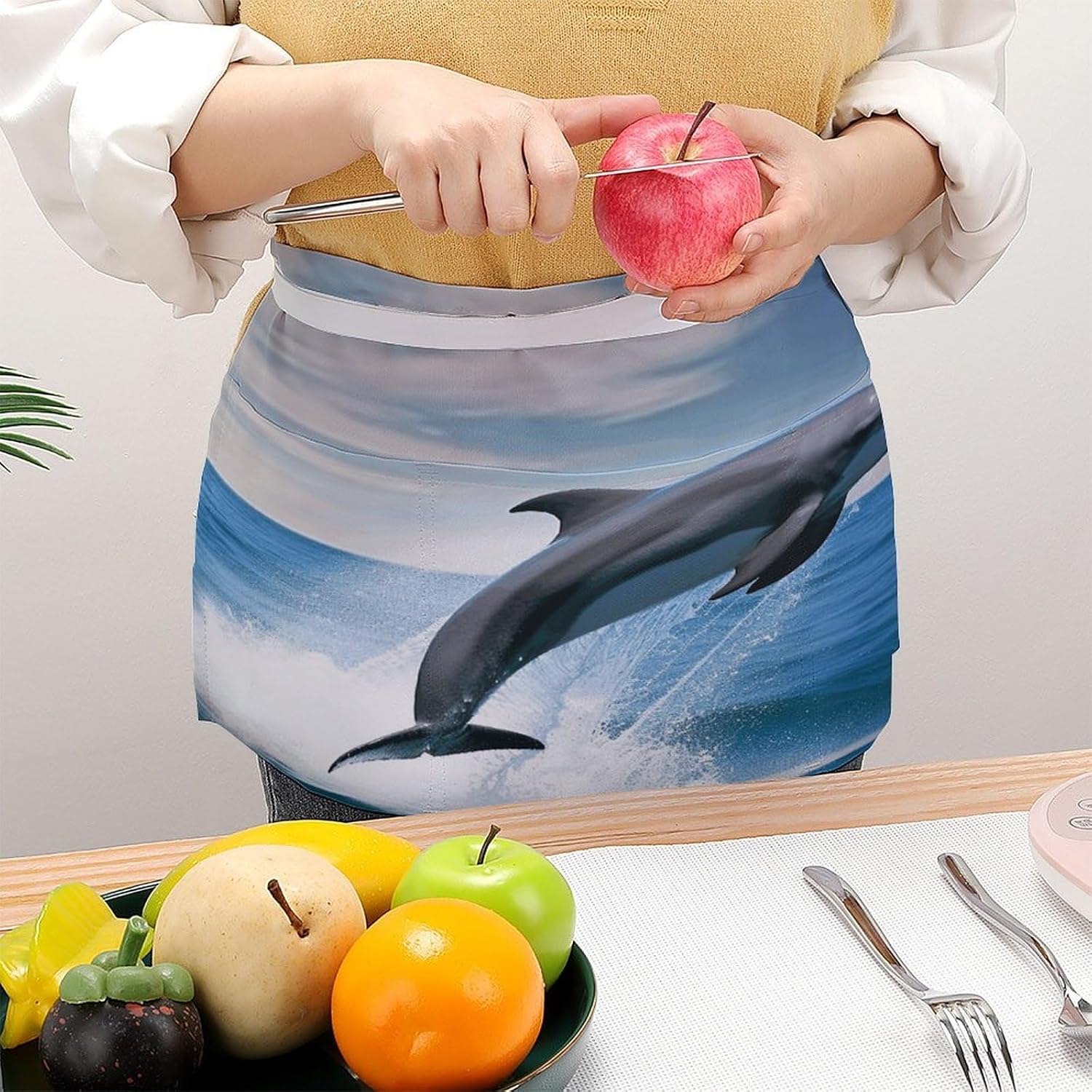 Jumping Up Dolphins Server Aprons for Women And Men Waterproof Half Apron with 3 Pockets Deluxe Oxford Fabric Waist Aprons Adjustable Chef Apron for Kitchen Bar Home