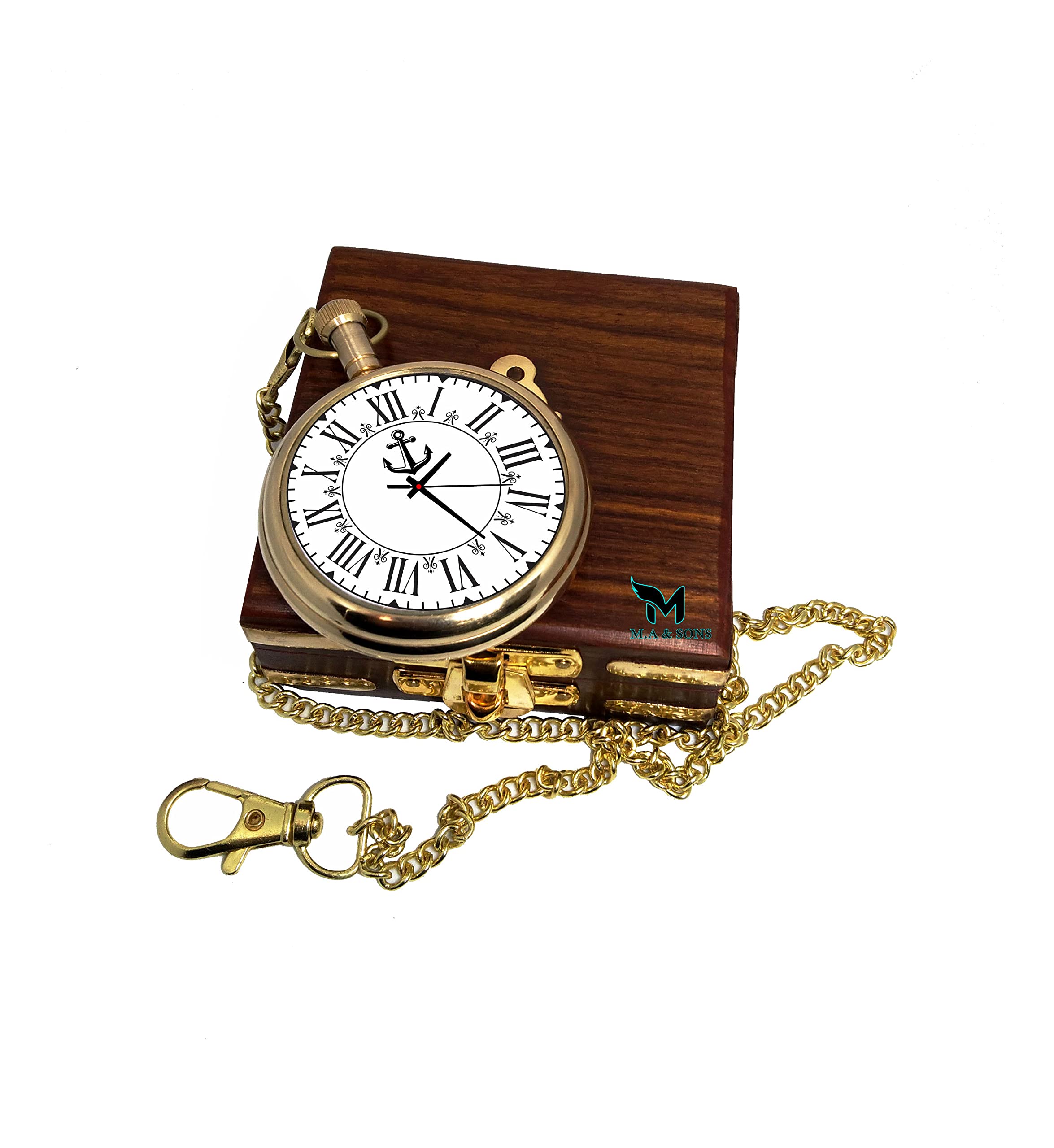 COMPASS Unisex M.A & SONS Brass Pocket Analog Watch with Chain & Wooden Box Roman Numbers (Personalized Available)