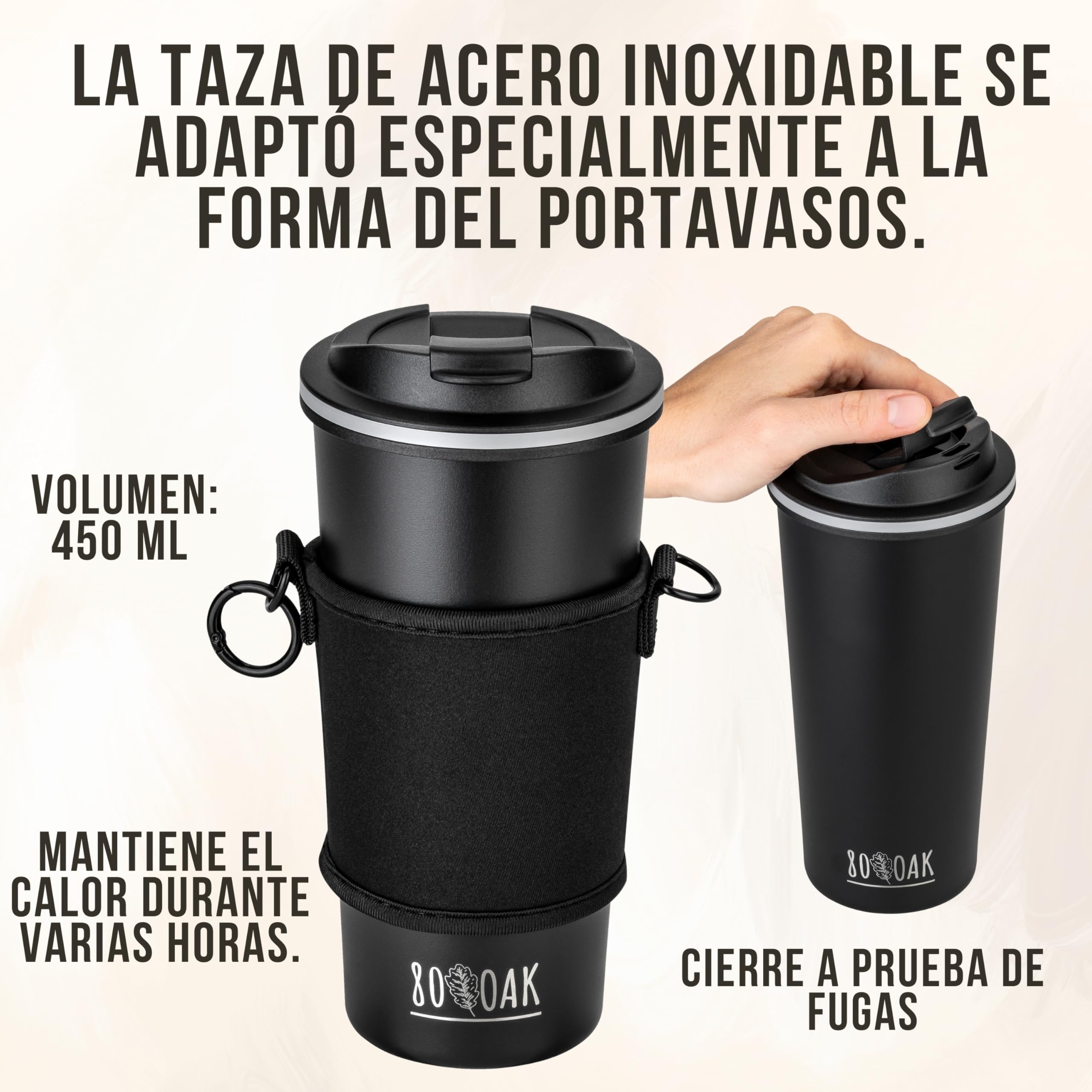 Juego de tazas de café y portavasos, soporte para vasos y taza térmica para colgar, soporte para bebidas de neopreno con correa ajustable para el hombro (negro, negro)
