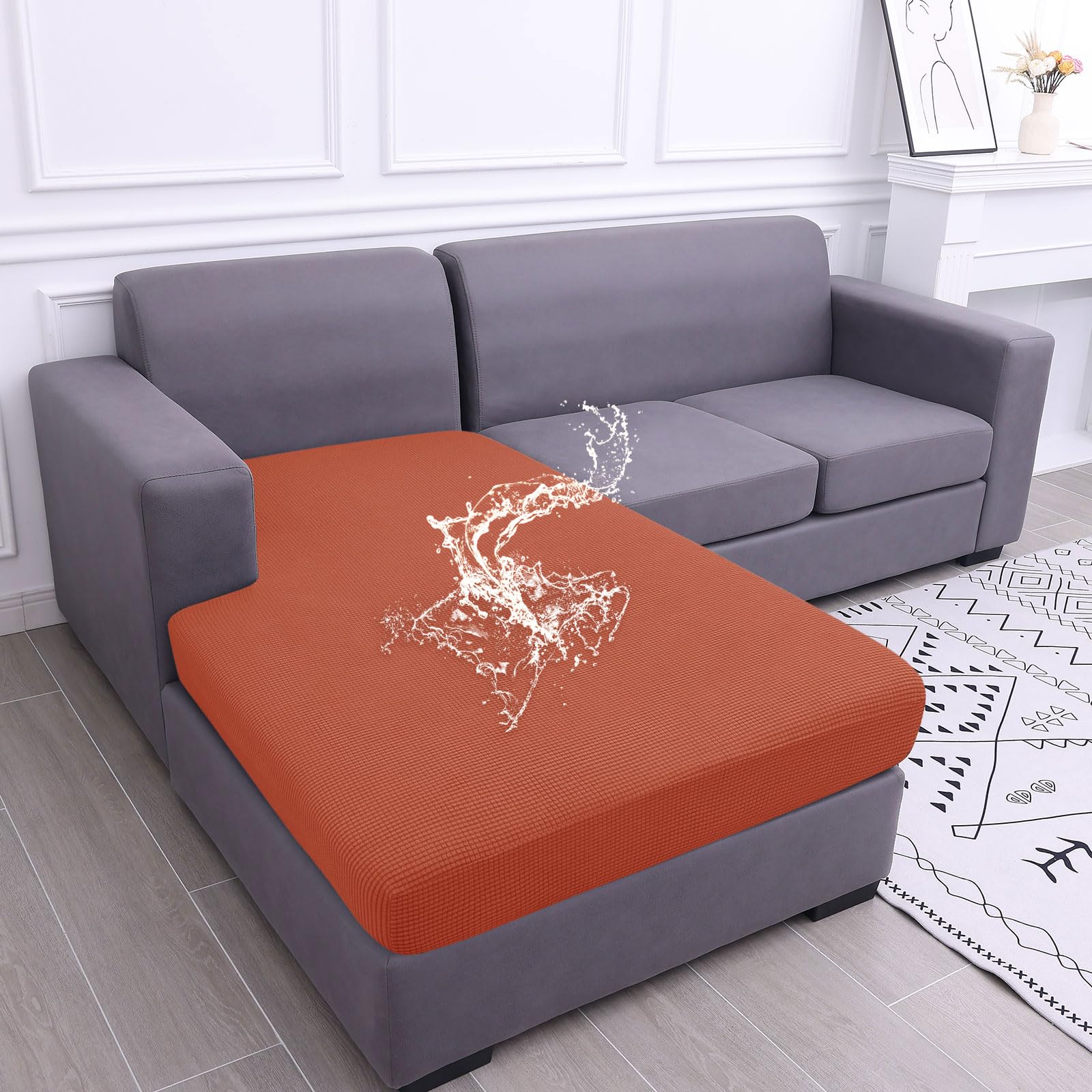 Photo 1 of hyha Waterproof Couch Cushion Covers, Sectional Sofa Cushion Slipcovers L Shape, Thick Stretch Jacquard Fabric, Washable Chaise Lounge Cover with Elastic Bottom (1 Piece for Chaise, Rust)