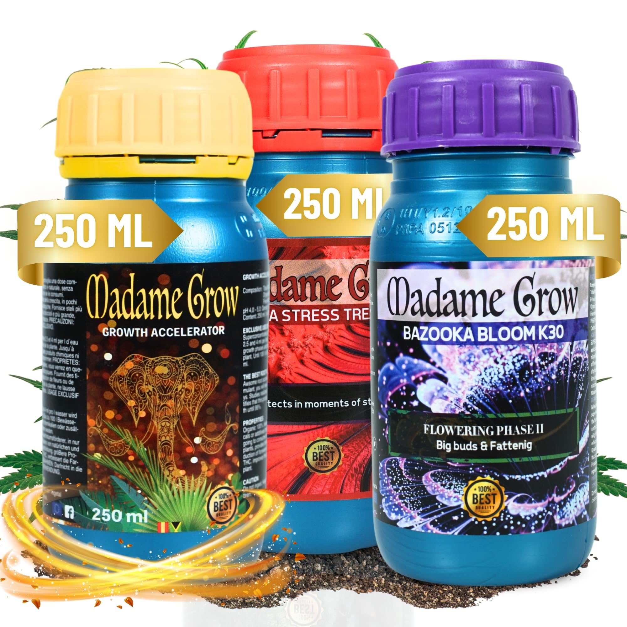 MADAME GROW Kit Kamala 3 x 250ml | Pack Fertilizantes Crecimiento Antiestrés y Engorde | Enraizante + Jabón Potásico + Engordador K30 | Pack 3 Abonos Orgánicos