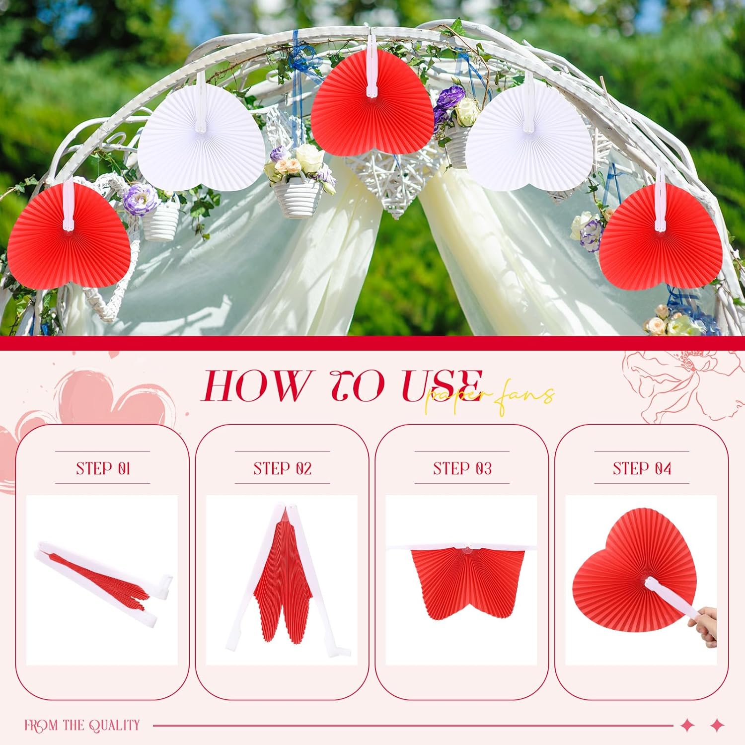 Blulu 60 Pack Wedding Decorative Paper Folding Hand Fan Handheld Heart Wedding Foldable Fan Chinese and Japanese Decoration Bulk for Bridal Guest Summer Dancing Birthday Party Favors(Red White)
