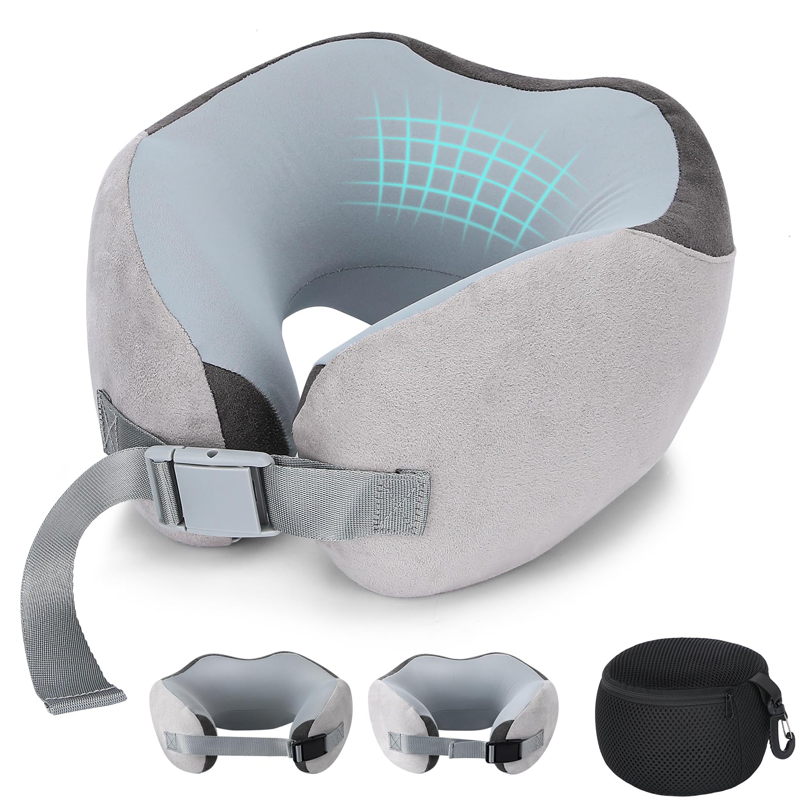 Euqvunn Adjustable Travel Pillow with Storage Bag, Memory Foam Neck Pillow for Travel, Soft & Breathable Ice Silk Flight Pillow for Adults, Ergonomic Headrest for Commuting & Daily Rest (Gray)