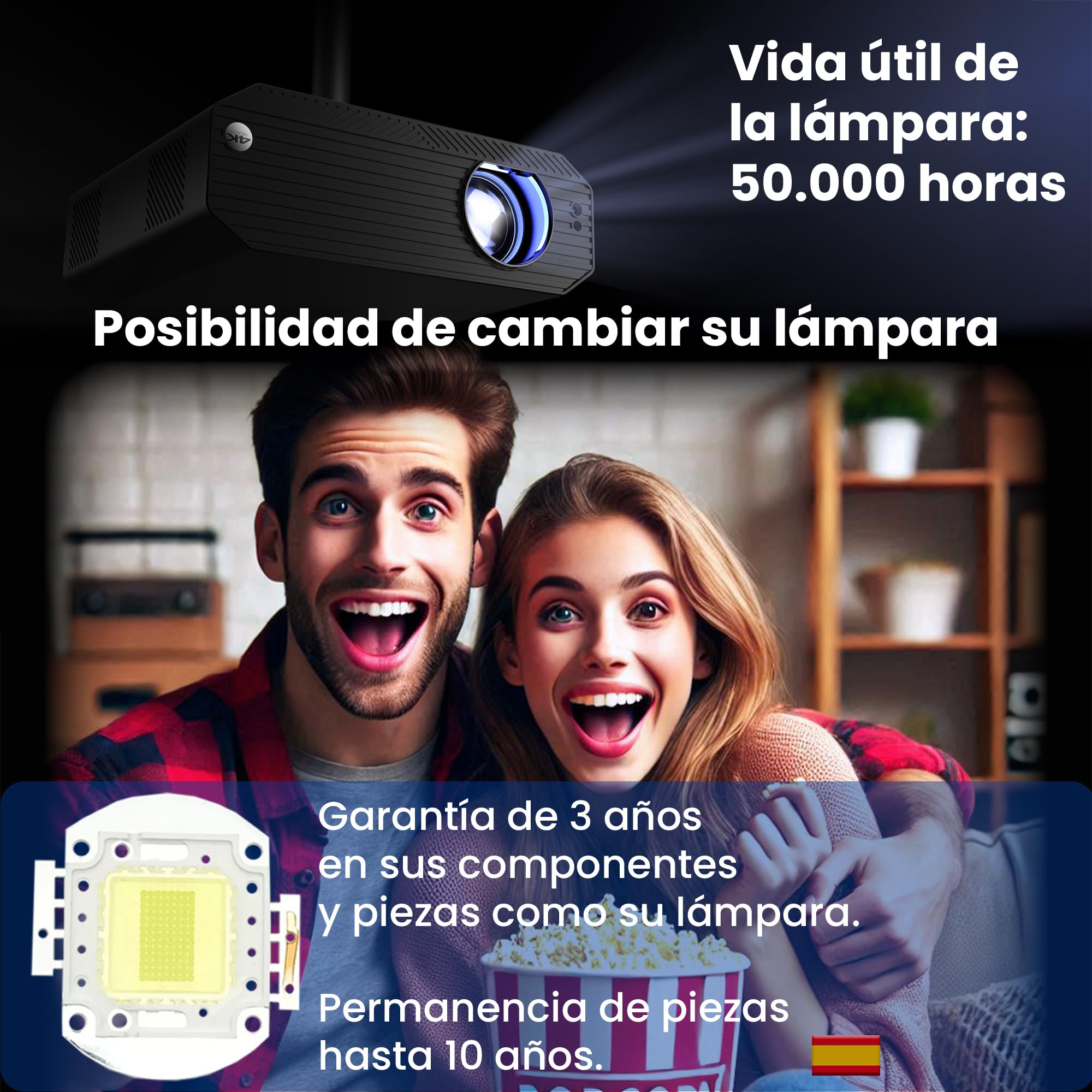 Proyector 4K, Unicview K5000, 1800 ANSI lúmenes, Cine en casa y presentaciones, Enfoque motorizado, Keystone 4D, Zoom Digital, HDMI, USB-C, Jack 3.5, Altavoces 10W (AndroidTV)