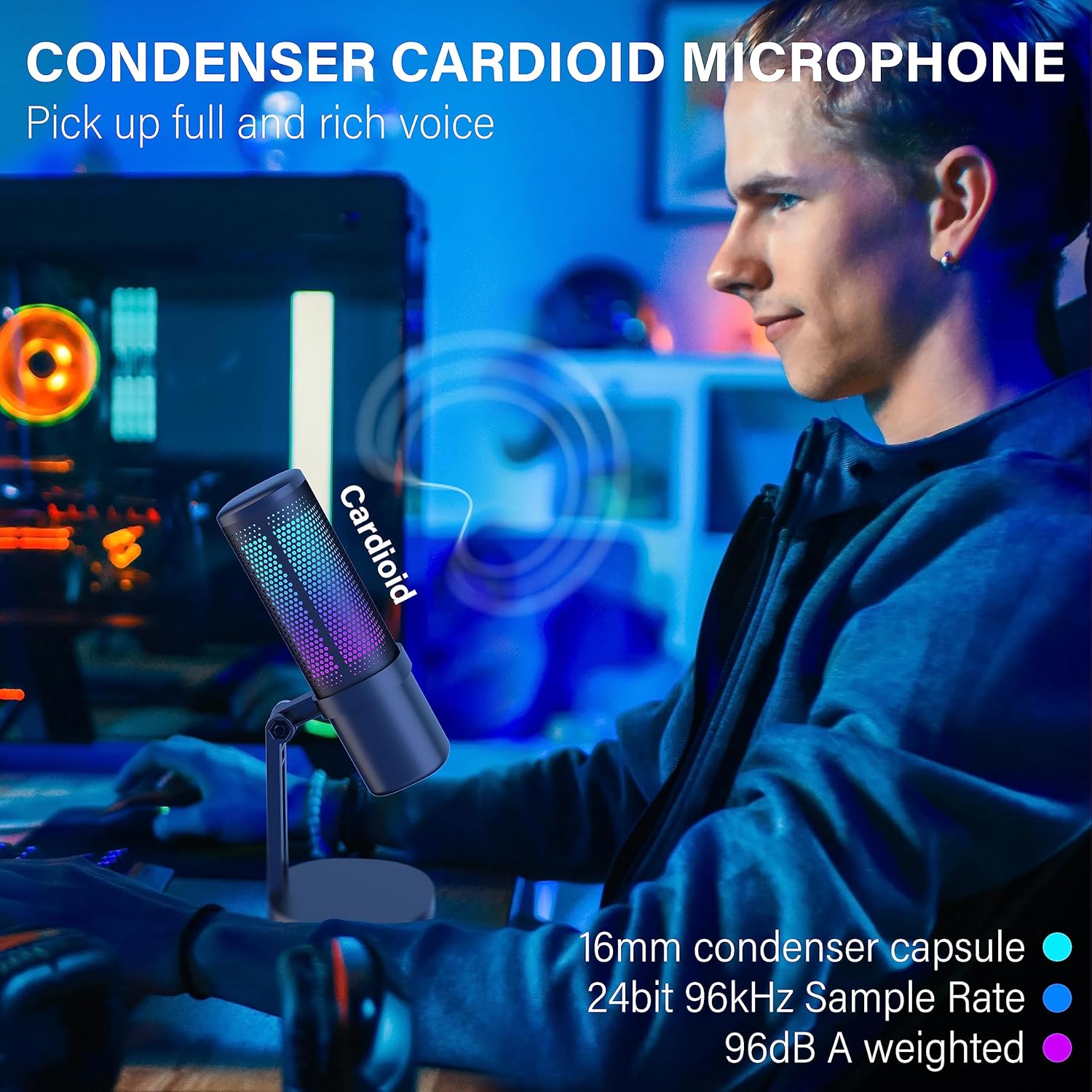 ANSTEN Gaming Mic, USB Condenser Microphone for PC/PS4/PS5/ Mac, RGB, Mute Touch, Pop Filter, Gain Knob, Monitoring for Streaming Podcast