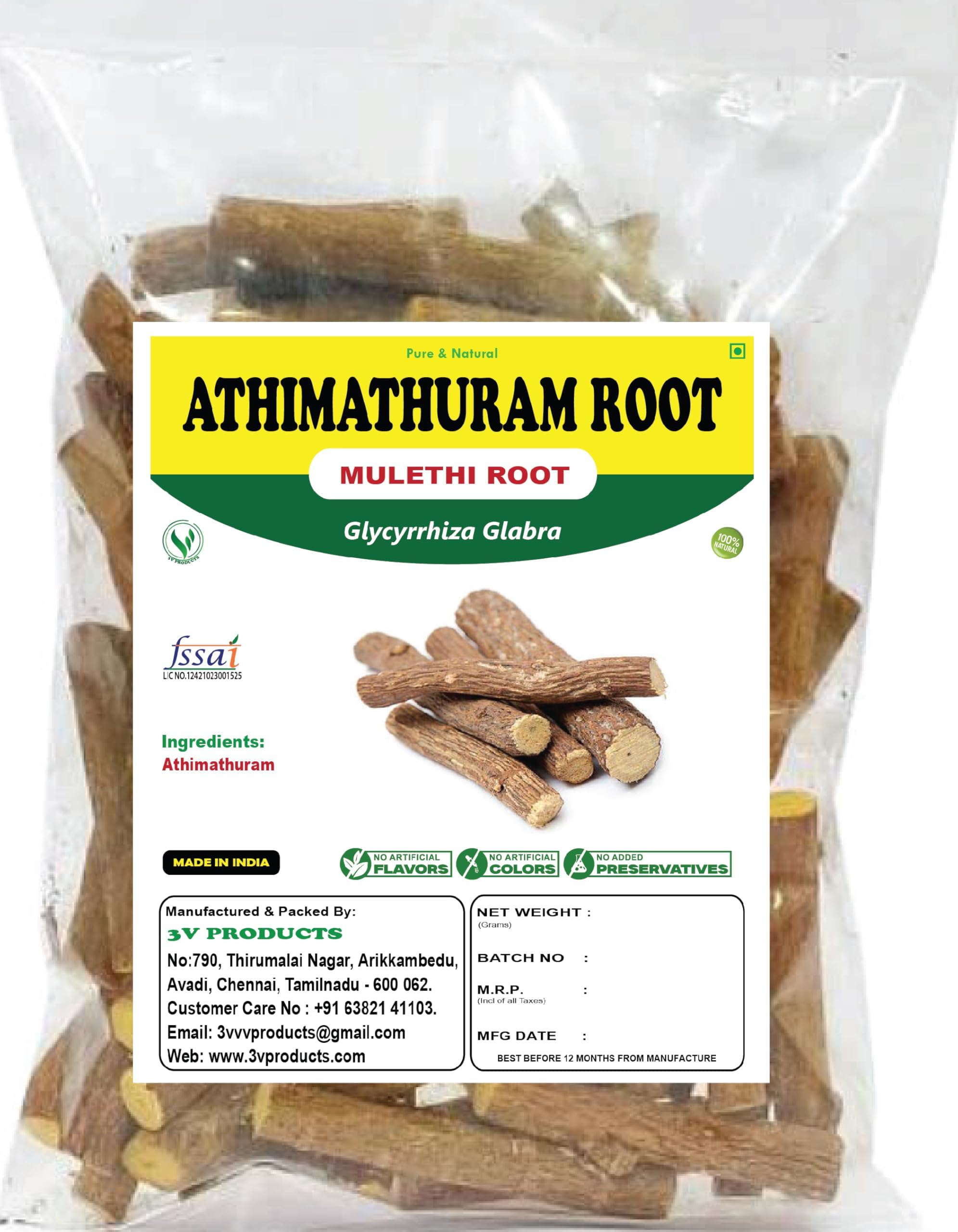 3V PRODUCTS Athimathuram | Mulethi | Licorice Root | Glycyrrhiza Glabra 100g