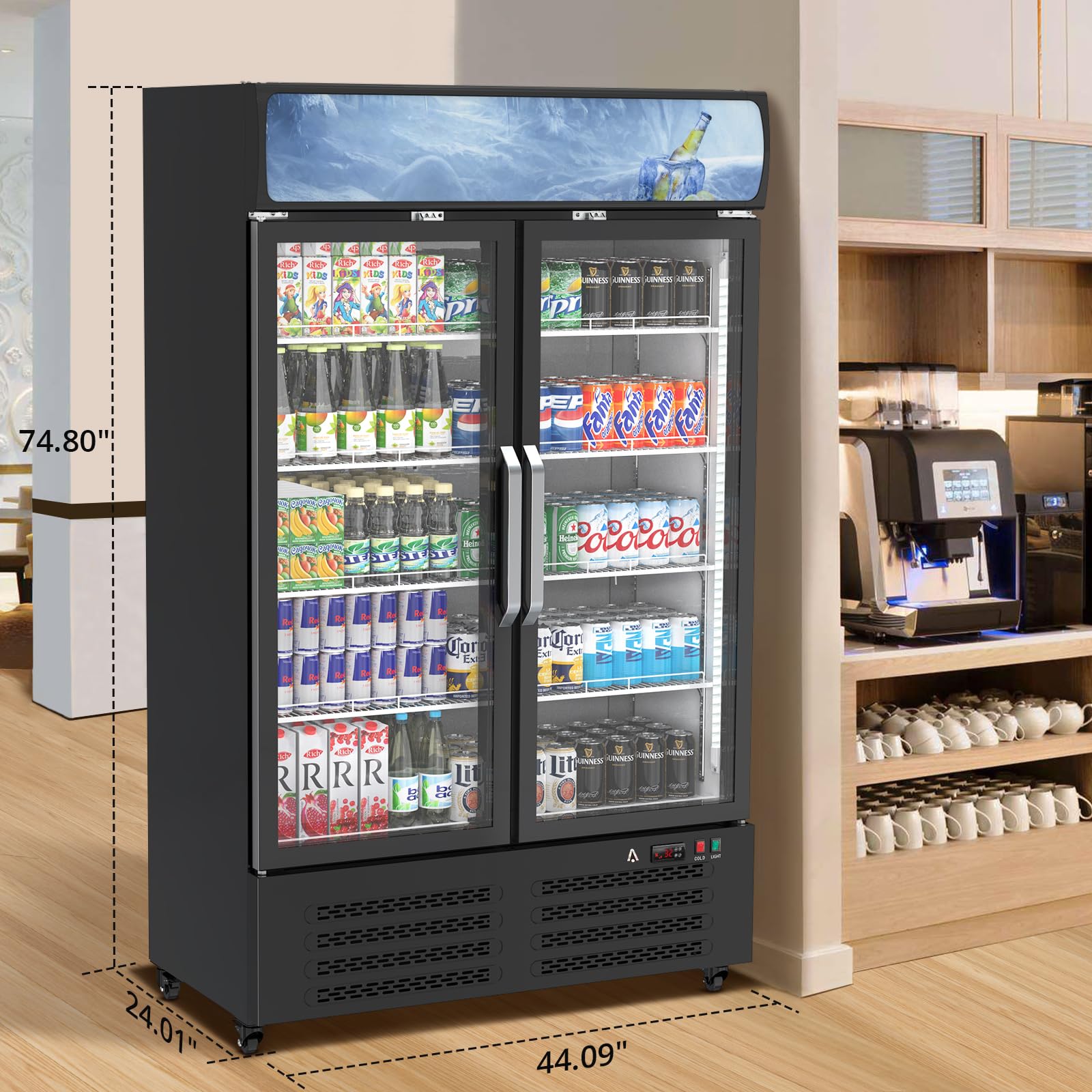 Hobbyfield 25 Cu.Ft. Commercial Beverage Display Refrigerator, Merchandiser Refrigerator Double Glass Door Display Fridge With 8 Adjustable Shelves, Upright Beverage Cooler With LED Lighting, Black on Fridge.com - View 2