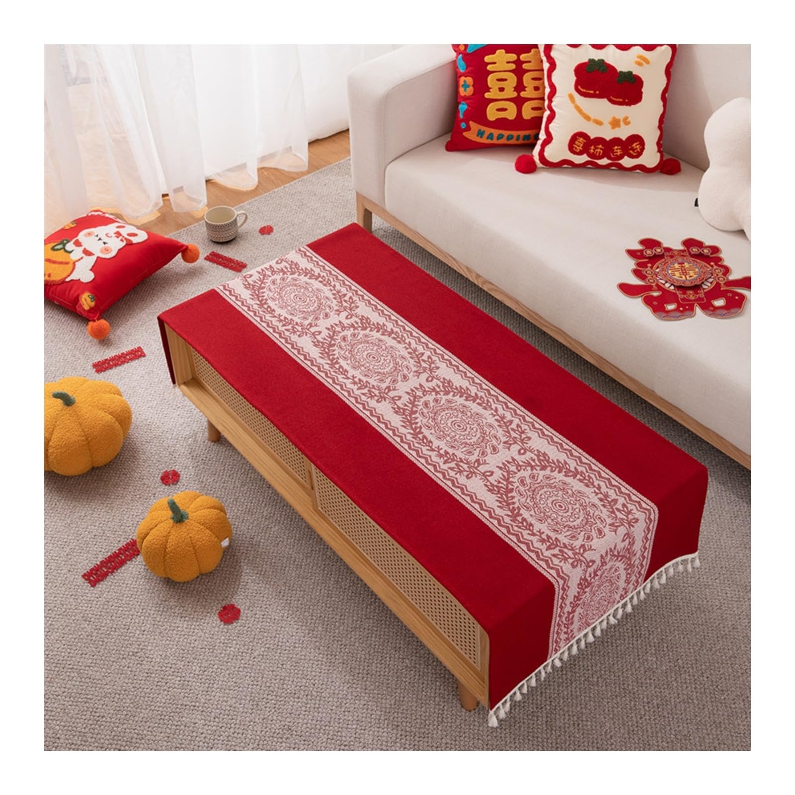 Nappe rouge jacquard 80x200 cm avec glands nappe de table anti-tache