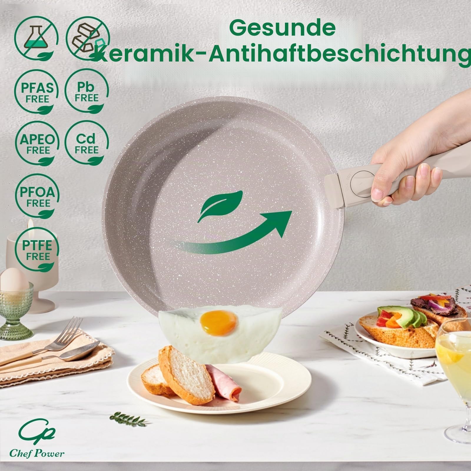 Chef Power Keramik-Kochgeschirr-Set, antihaftbeschichtet, mit abnehmbarem Griff, Induktion, spülmaschinenfest, ofenfest, Wohnmobil-Küchenset, abnehmbarer Griff, Mocca-Taupe, 19-teilig
