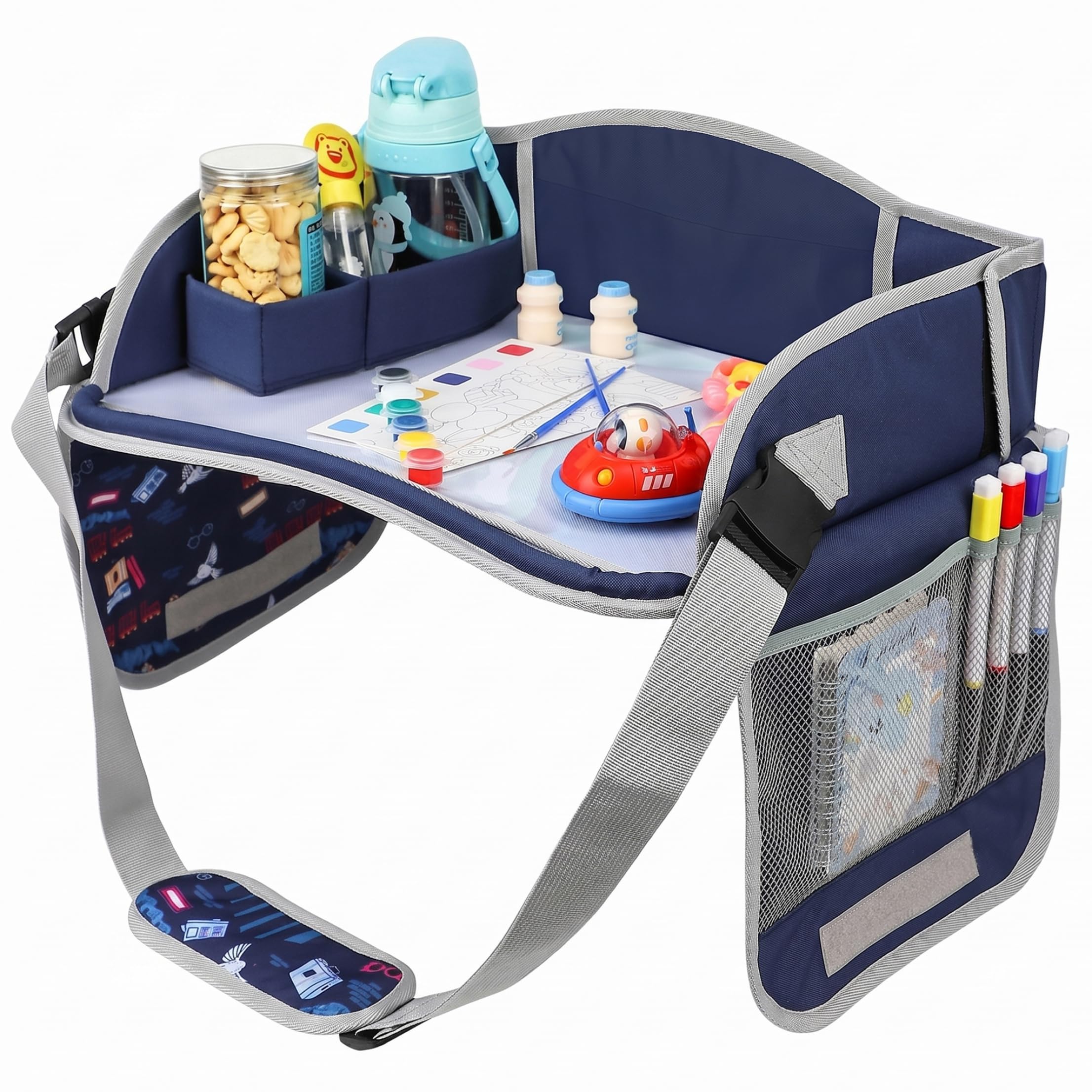 Vassoio da Viaggio per Bambini in Auto: Tavolino da Auto per Bambini, Ampio Tavolo da Viaggio Regolabile, Pieghevole in Tessuto Compatibile con Touchscreen con Scomparti Portaoggetti per Ra