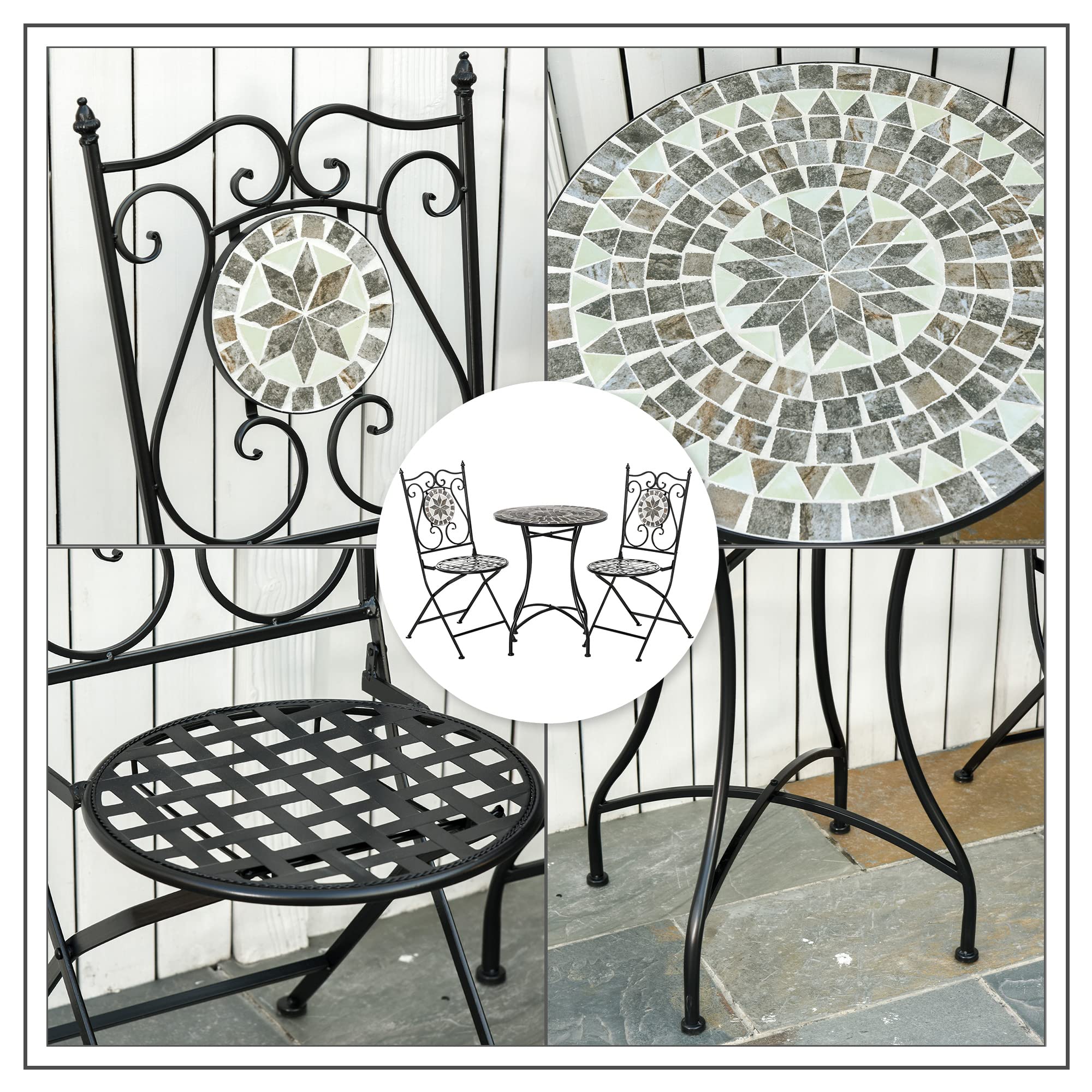 Outsunny Garten Sitzgruppe 3-teilige Mosaiktisch Essgruppe Gartenmöbel-Set Balkonmöbel Set 1 Tisch+2 Faltbare Stühle Garten Metall Keramikfliese Mehrfarbing