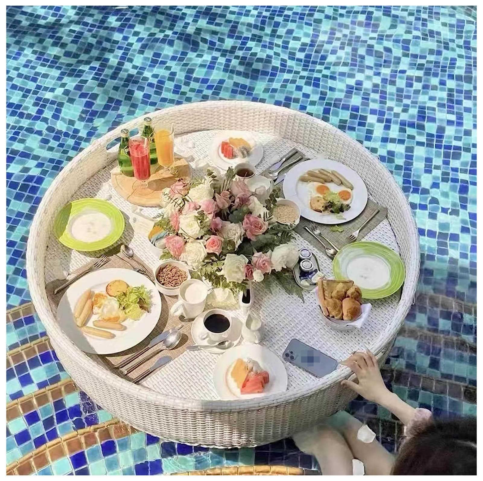 Plateau de Service tissé en rotin, Plateau Flottant pour Piscine, Porte-Boisson de Bar de 60 cm/80 cm, Plateau de Piscine pour salades et Glaces Flottant pour Le Camping et Les réunions de f