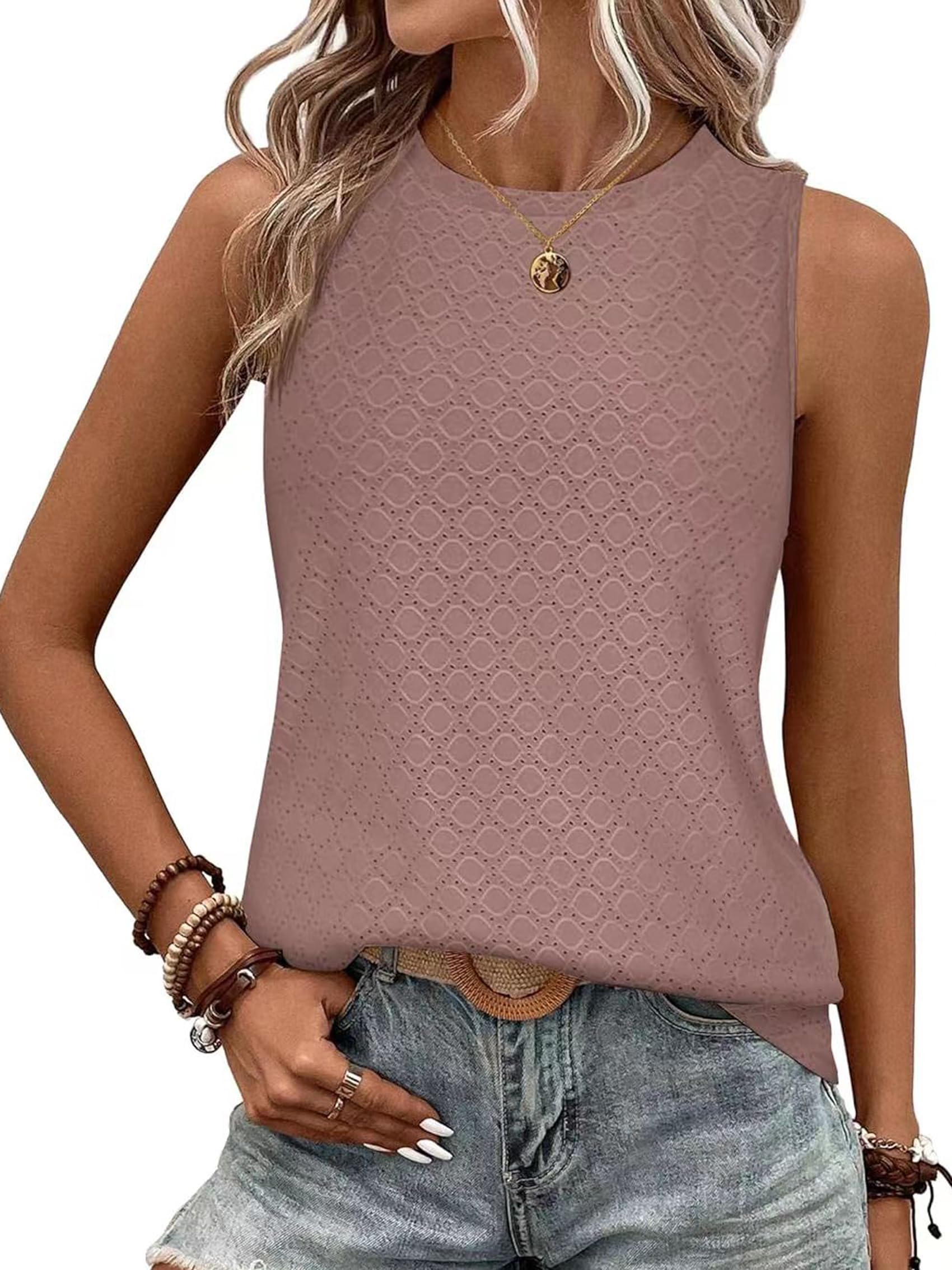 BAISHENGGT Damen Tank Tops Sommer Rundhals Ärmellos Ausgehöhlt Basic T Shirt Oberteile