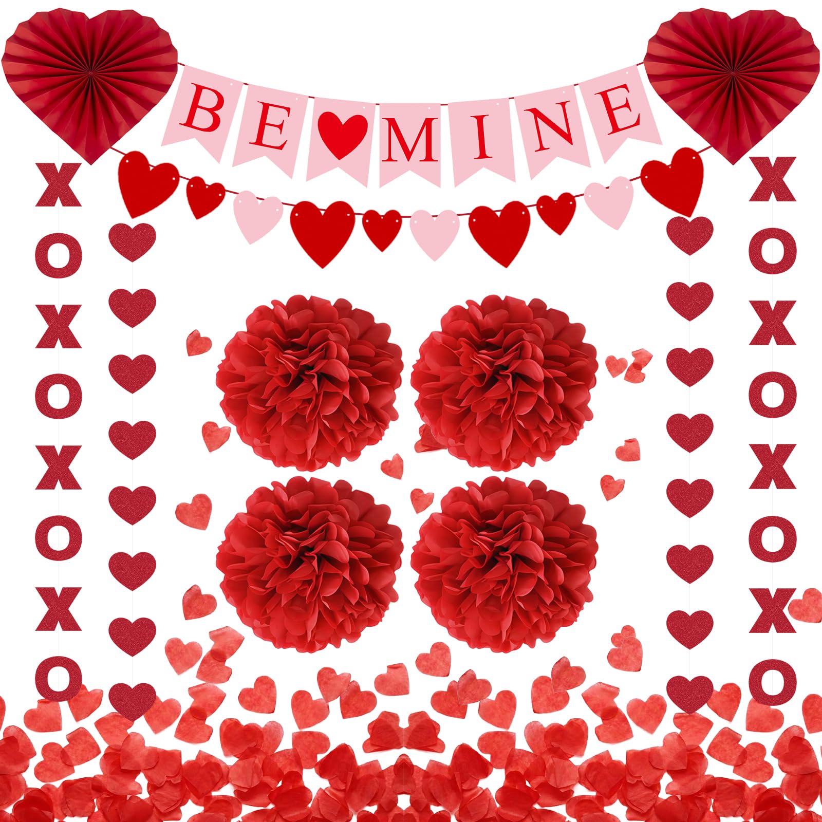 Valentines Day Decorations Set Valentines Decor with BE Mine Love Heart XO Garlands Banner Red Heart Paper Confetti Paper Fans and Tissue Pom Poms for