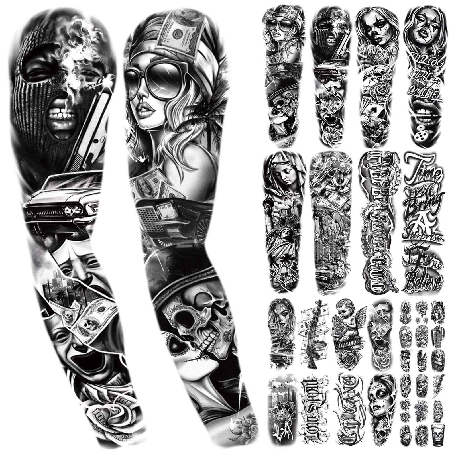 46 Waterproof Temporary Tattoos For Adult, Chicano Large Full Arm Fake Tattoo Guadalupe Gangster Day of the Dead, Lowrider Style Culture Mexico Clown Tattoo Stickers for Men Women