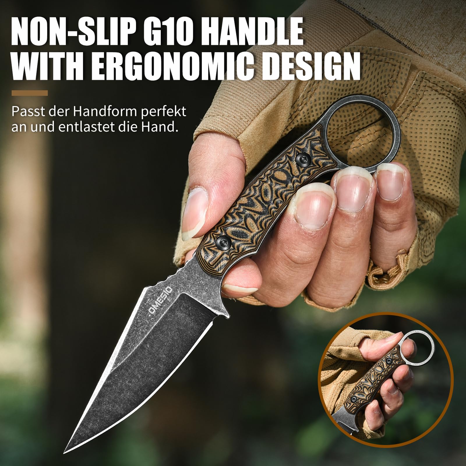 Omesio Coltello Da Collo Fodero in Kydex, Lama in Acciaio D2 Da 8,5 cm, Coltello Da Caccia Con Manico in G10, Adatto Per Campeggio All'Aperto Pesca Sopravvivenza