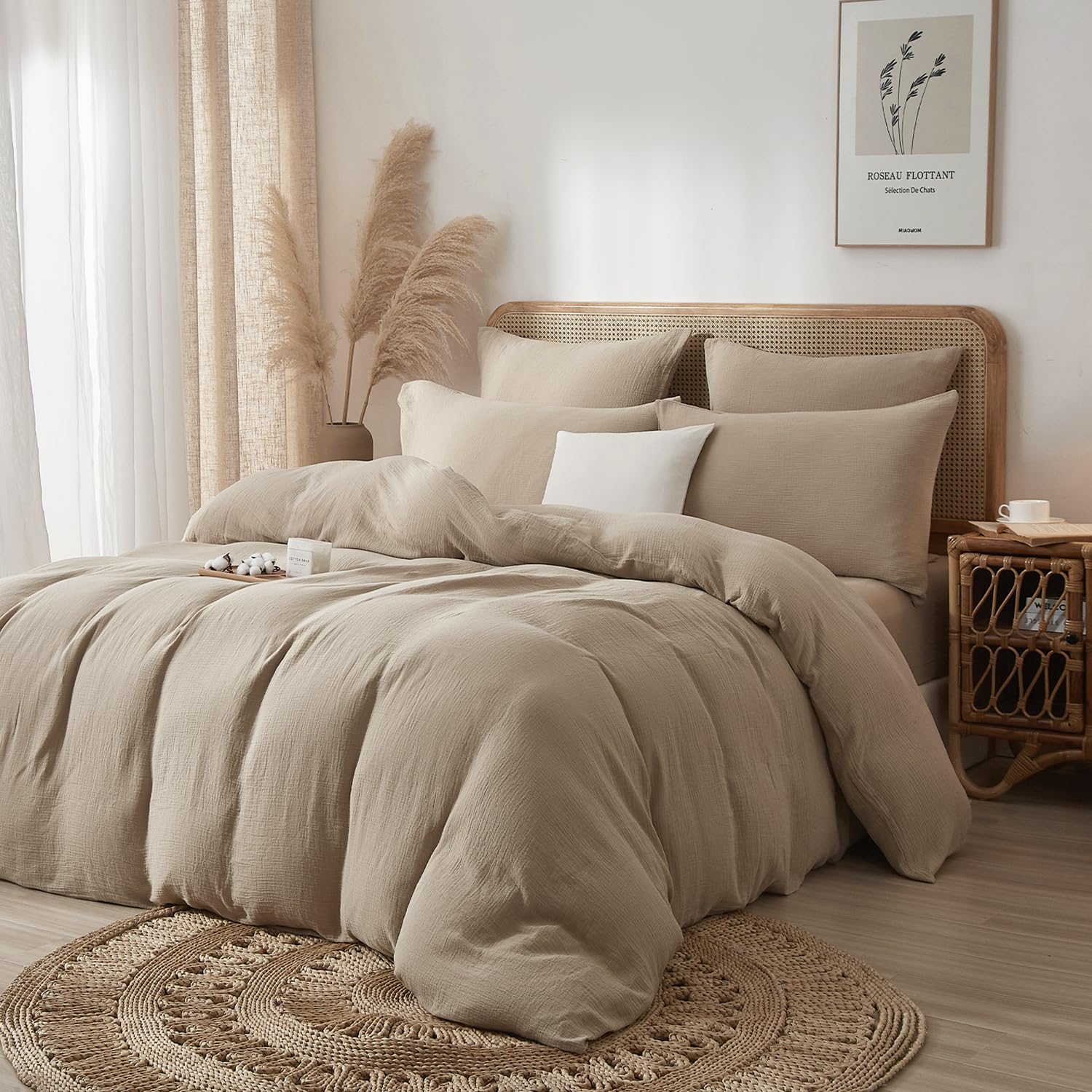 Luofanfei Juego de ropa de cama de muselina de 220 x 240 cm, color marrón topo y caqui, estilo bohemio, refrescante, para verano, suave, no necesita planchado, con cremallera y fundas de almohada de