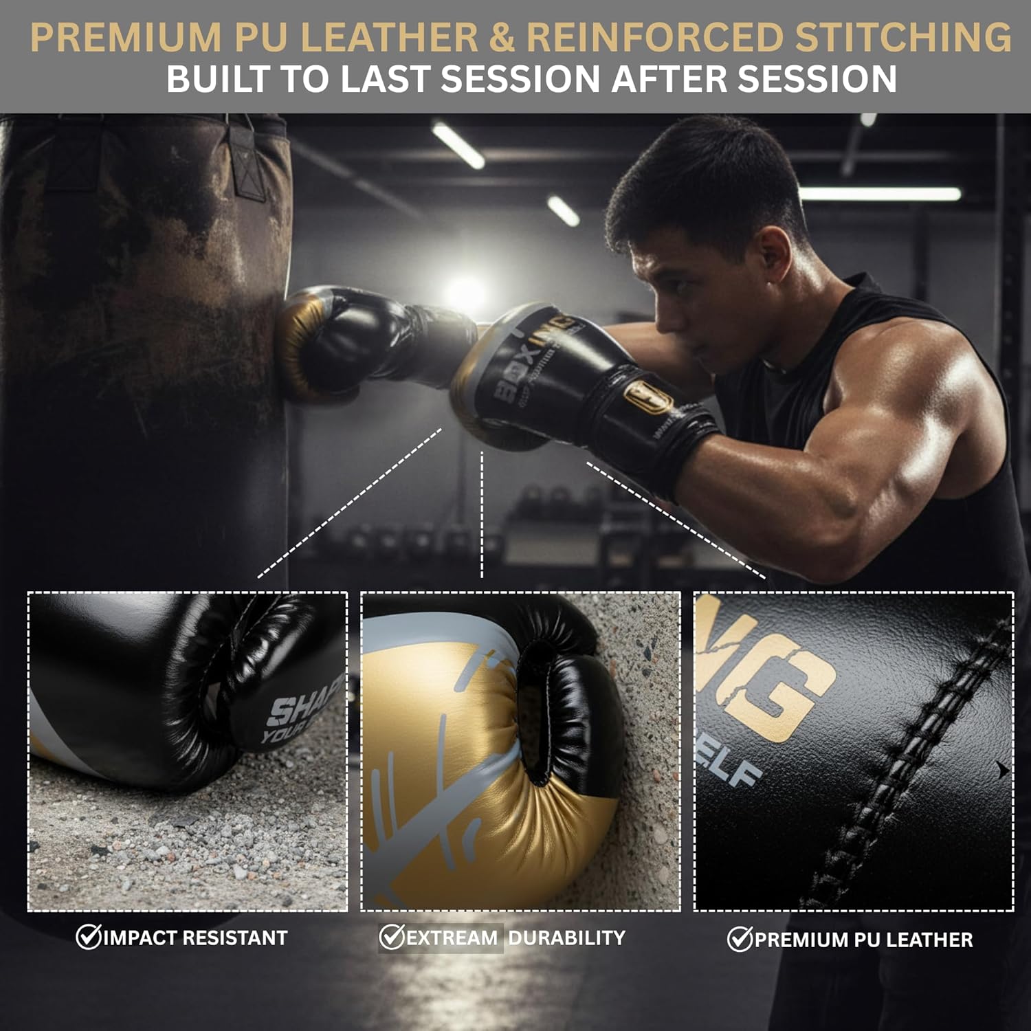 KUYRA 12 oz Boxing Gloves for Men & Women–PU Leather Entry-Level Training & Sparring Gloves with Multi-Layer Foam Padding| Grip Bar with Wrist Support & Hook & Loop Closure, Breathable Mesh for Boxing