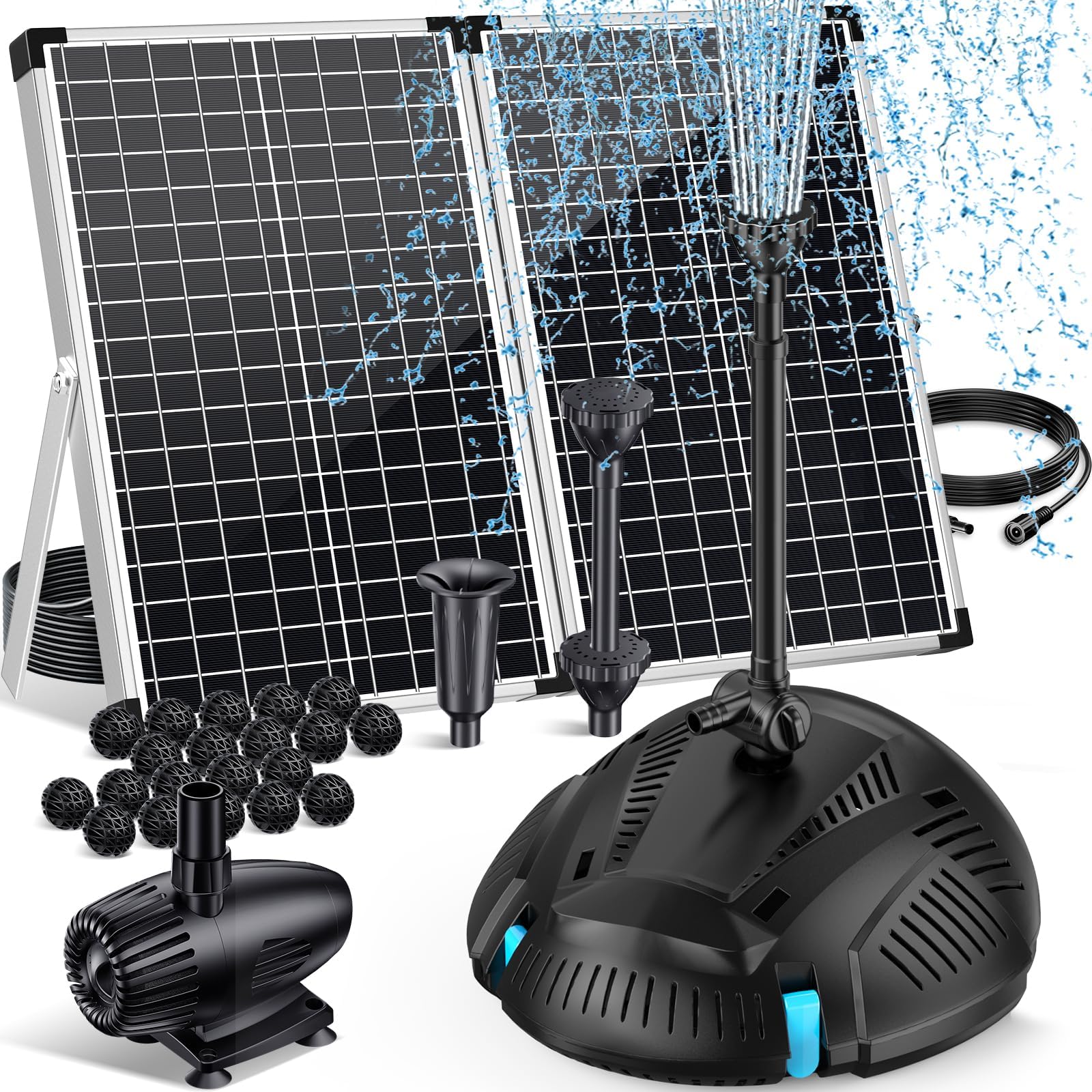 POPOSOAP Filtro de estanque con fuente solar de 55 W, filtro solar para estanque con bomba de 2000 l/h y kit de fuente, manguera de PVC de 2 m, ideal para estanques koi, cascadas y fuentes de agua