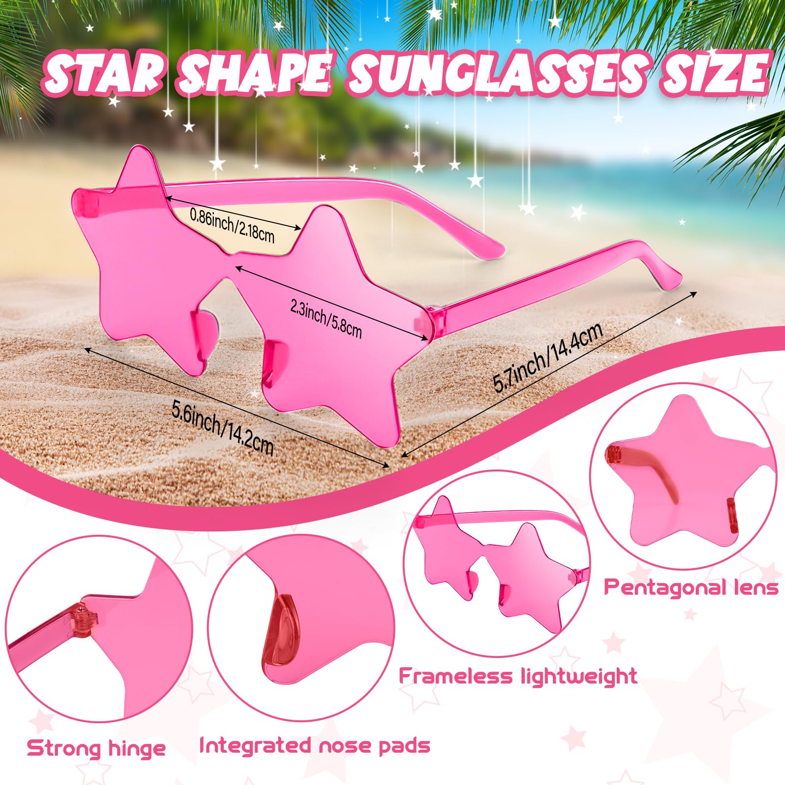 NACHLYNN Rimless Star Shaped Sunglasses Pentagram Glasses Transparent Sunglasses Valentine Day Party Favor (6, Rose Red) - Image 2