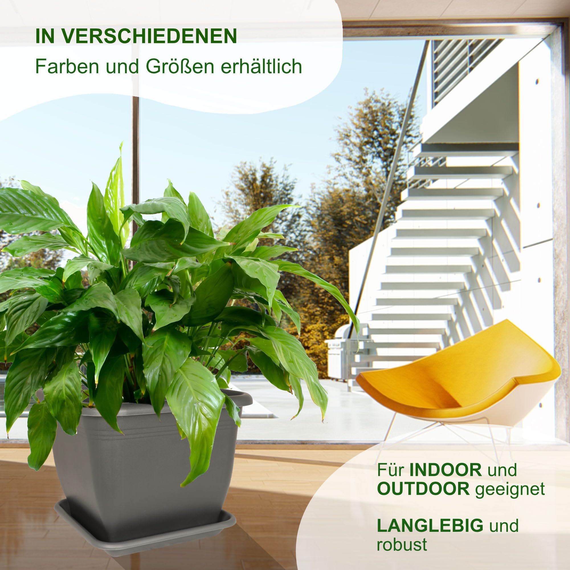 MePla - Blumentopf Pflanzkübel Quadrat 58x58 cm + Untersetzer 49x49 cm, Anthrazit, wetterfest aus UV-beständigem Kunststoff