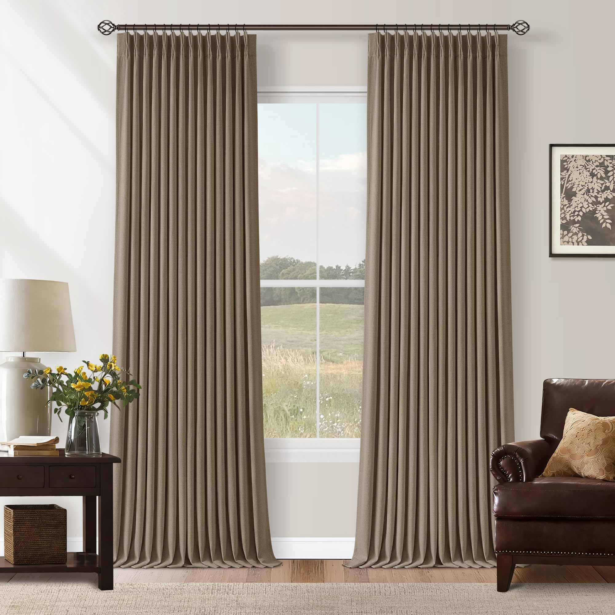 108 Inch Pinch Pleated Blackout Linen Curtains for Bedroom 2 Panels Memory Trained 100% Black Out Soundproof Room Darkening Latte Window Curtains Double Layer Pinch Pleat Drapes — image 1
