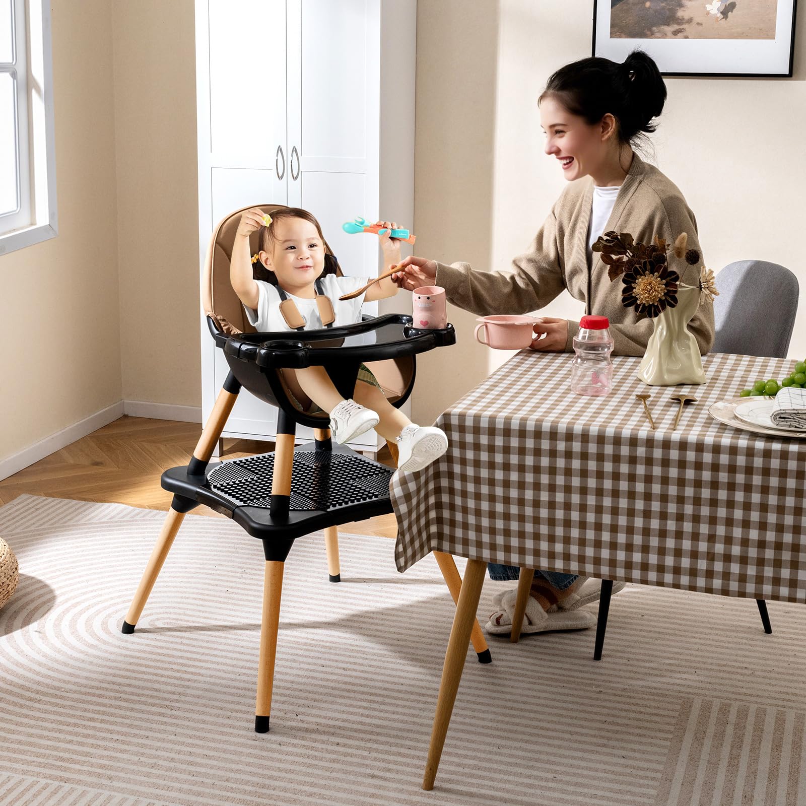 COSTWAY 6 en 1 Chaise Haute Bébé Evolutive, Table en Blocs Convertible, Harnais à 5 Points, Plateau Réglable Amovible, Chaise Haute Bebe en Bois, pour 6-36 Mois, Charge 15 kg, Café