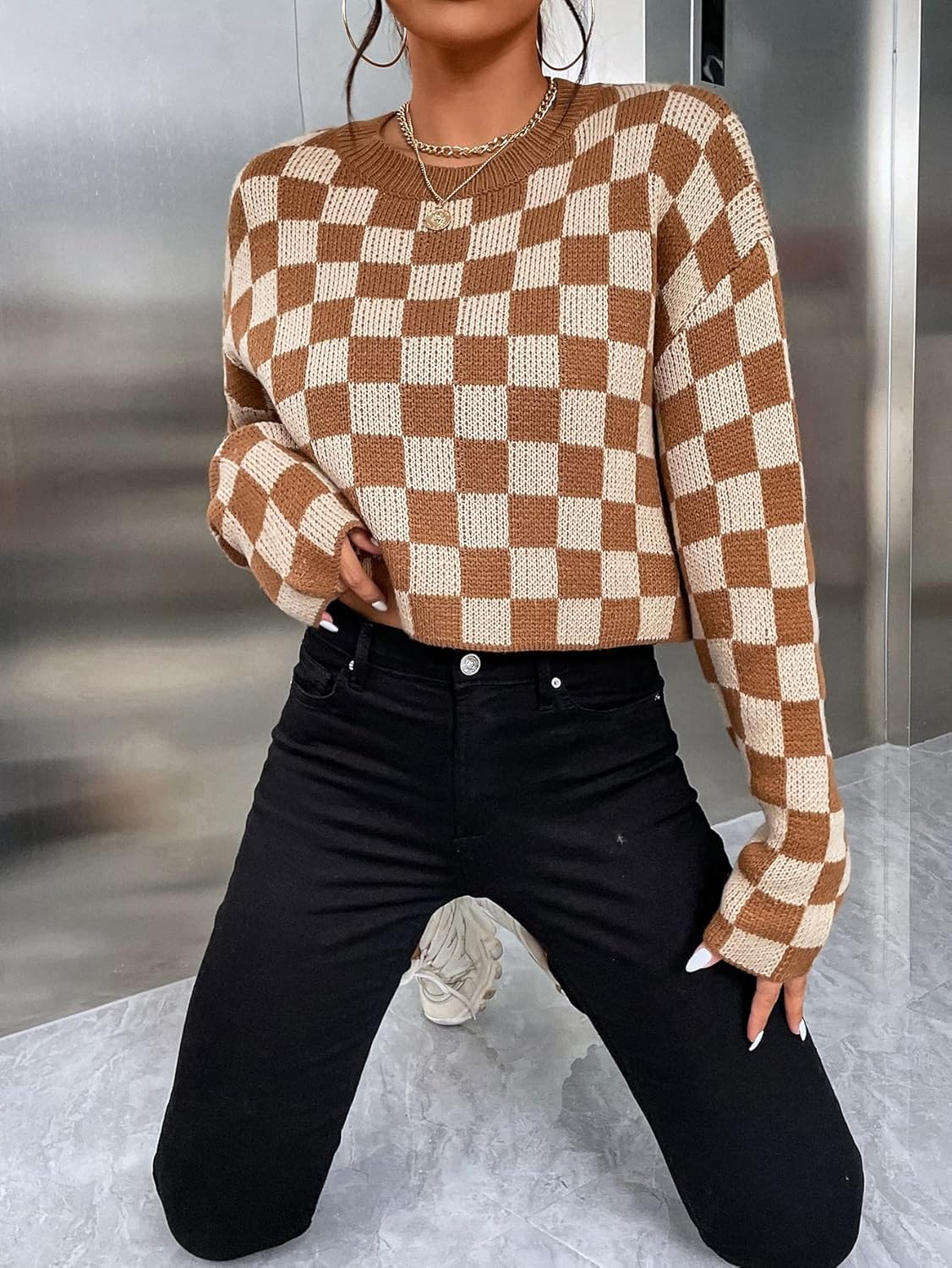 GORGLITTER Women's Checkered Cropped Sweater Plaid Knit Long Sleeve Crewneck Pullover Tops - Image 5
