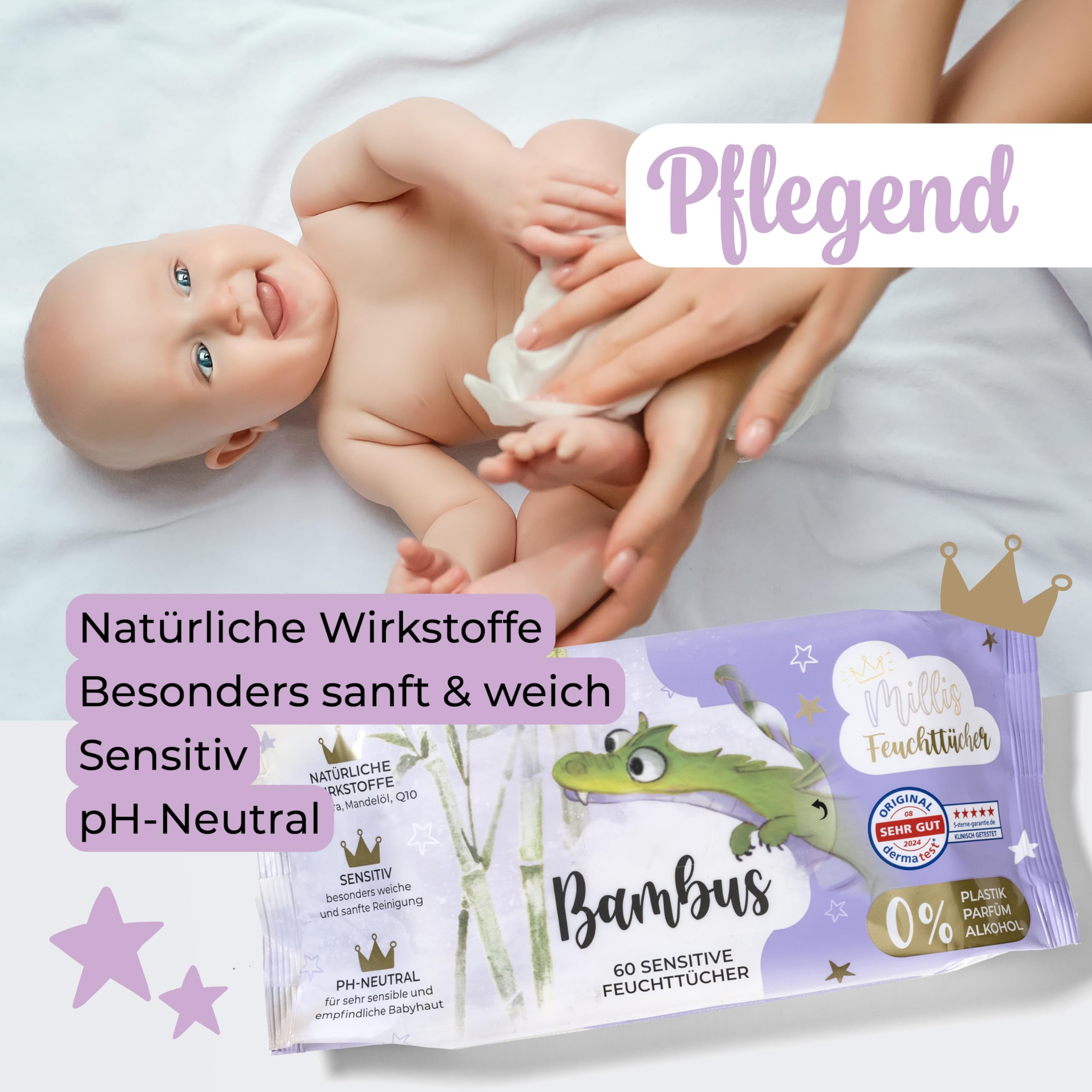 Millis Toallitas húmedas de bambú – 12 x 60 unidades – Limpieza natural suave para la piel sensible del bebé – Biodegradables, pH neutro, sin plástico, perfume y alcohol, clínicamente probado