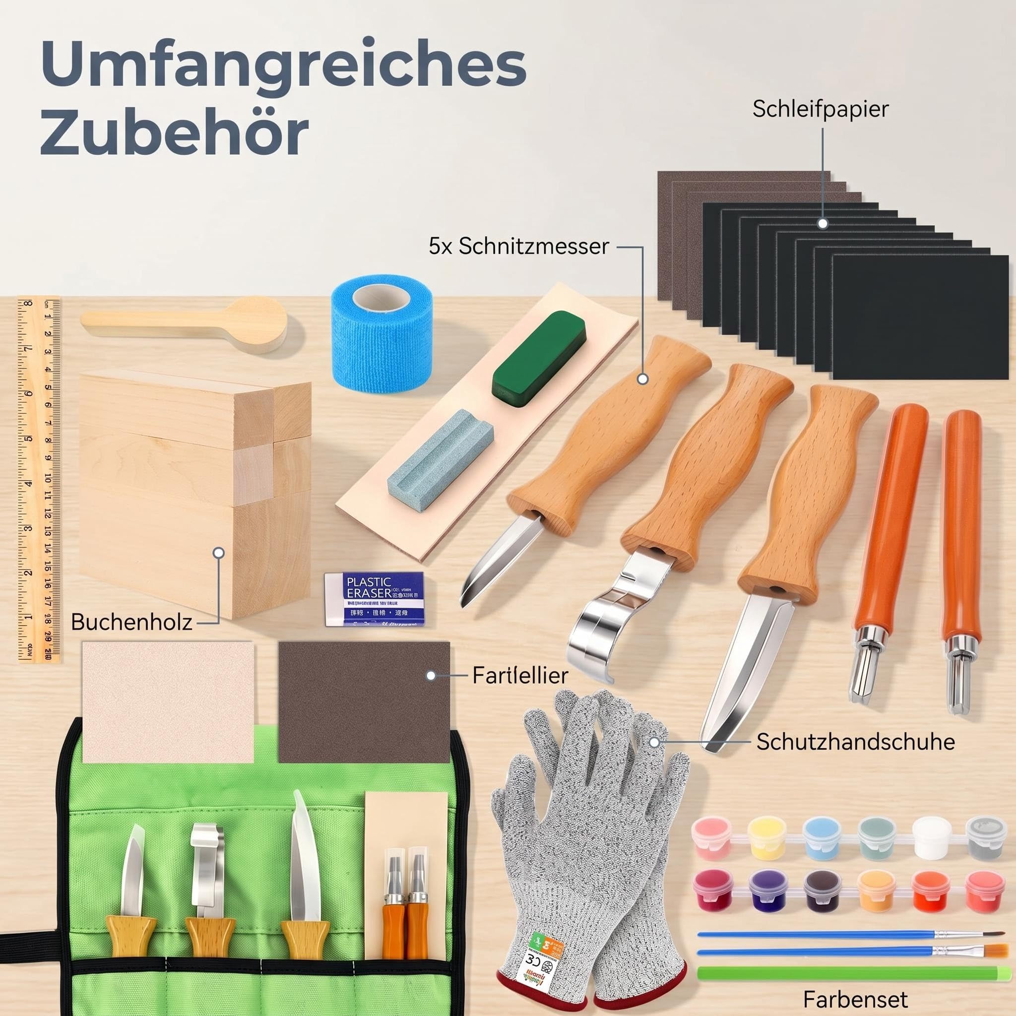 29-Teiliges Schnitzset Kinder ab 8 Jahre – Holzschnitzwerkzeug Set mit 5 Schnitzmessern | Komplettes Schnitzmesser Kinder ab 8 Set inkl. Schnittschutz Stufe 5, Holz, Malset & Geschenkbox