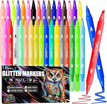 TANMIT Glitter Markers Pens,32 Colors Dual Tip Glitter Pens Set, Glitter Markers for Adults Coloring Books, DIY Crafts,Journals, Planners, Scrapbooking & Card MakingFine Tip and Chisel Tip