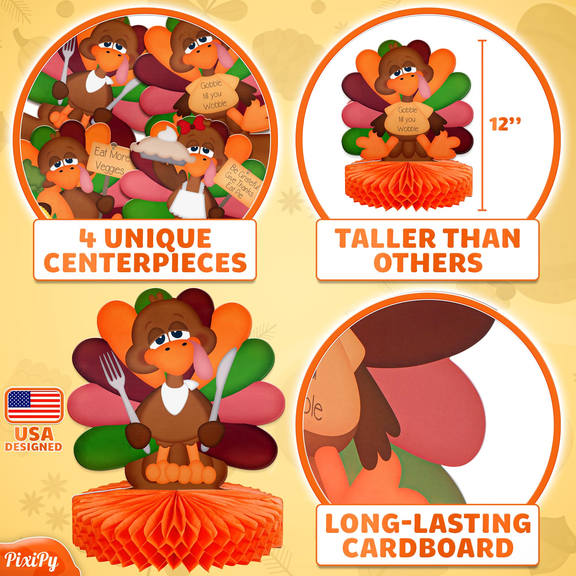 Thanksgiving Centerpieces for Tables - 4 Pieces, Each 12 Inch Large - Table Centerpiece - Double Sided Turkey, 3D Honeycomb Event Decor - Fall Home Party Decorations for Dining Tabletop by PixiPy