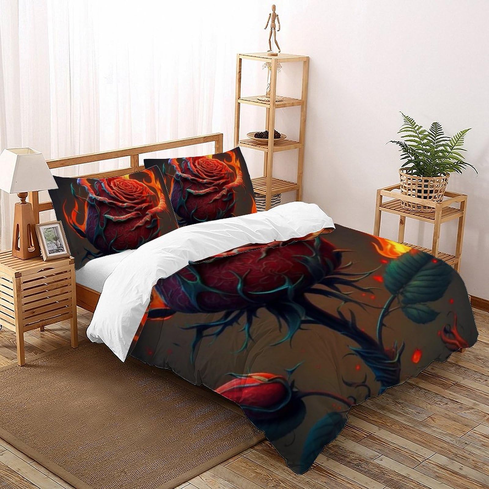 Housse de couette double 200x200cm en microfibre rose avec motif plantes et taies