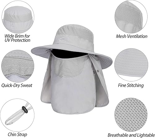 Miniatura 3 de Sombrero de pesca para hombre, sombrero de sol 3 en 1, sombrero de verano de ala ancha, sombrero de safari Boonie con solapa para el cuello