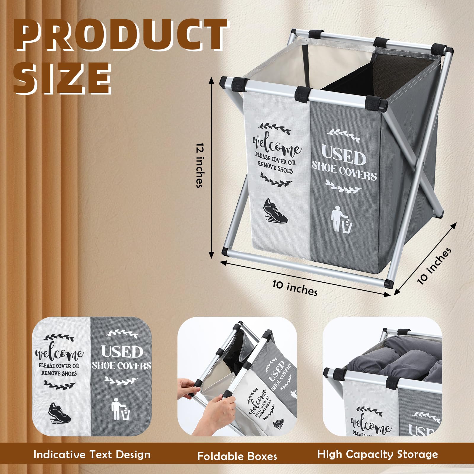 Wonderjune Foldable Disposable Shoe Cover Box Dispenser Fabric Storage Bin Holder with Used Shoe Covers and Welcome Please or Remove Sign for Open House Supplies(Gray, Beige)