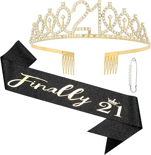 Decoraciones de cumpleaños número 21 para ella, juego de tiara de corona de diamantes de imitación y banda de 21 cumpleaños para niñas, regalos de