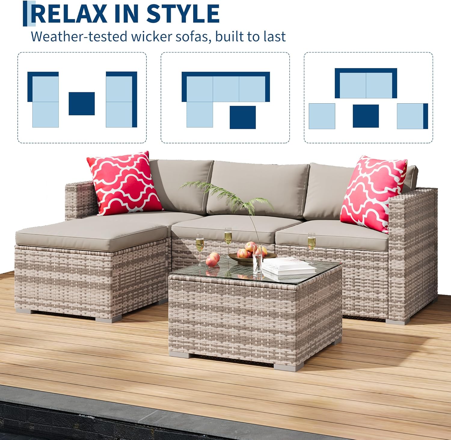 GAOMON 5-Piece All-Weather Patio Furniture Set, Convertible Outdoor Sectional Sofa with Ottoman & Tempered Glass Table, PE Rattan Conversation Set for Garden, Backyard, Porch, Poolside