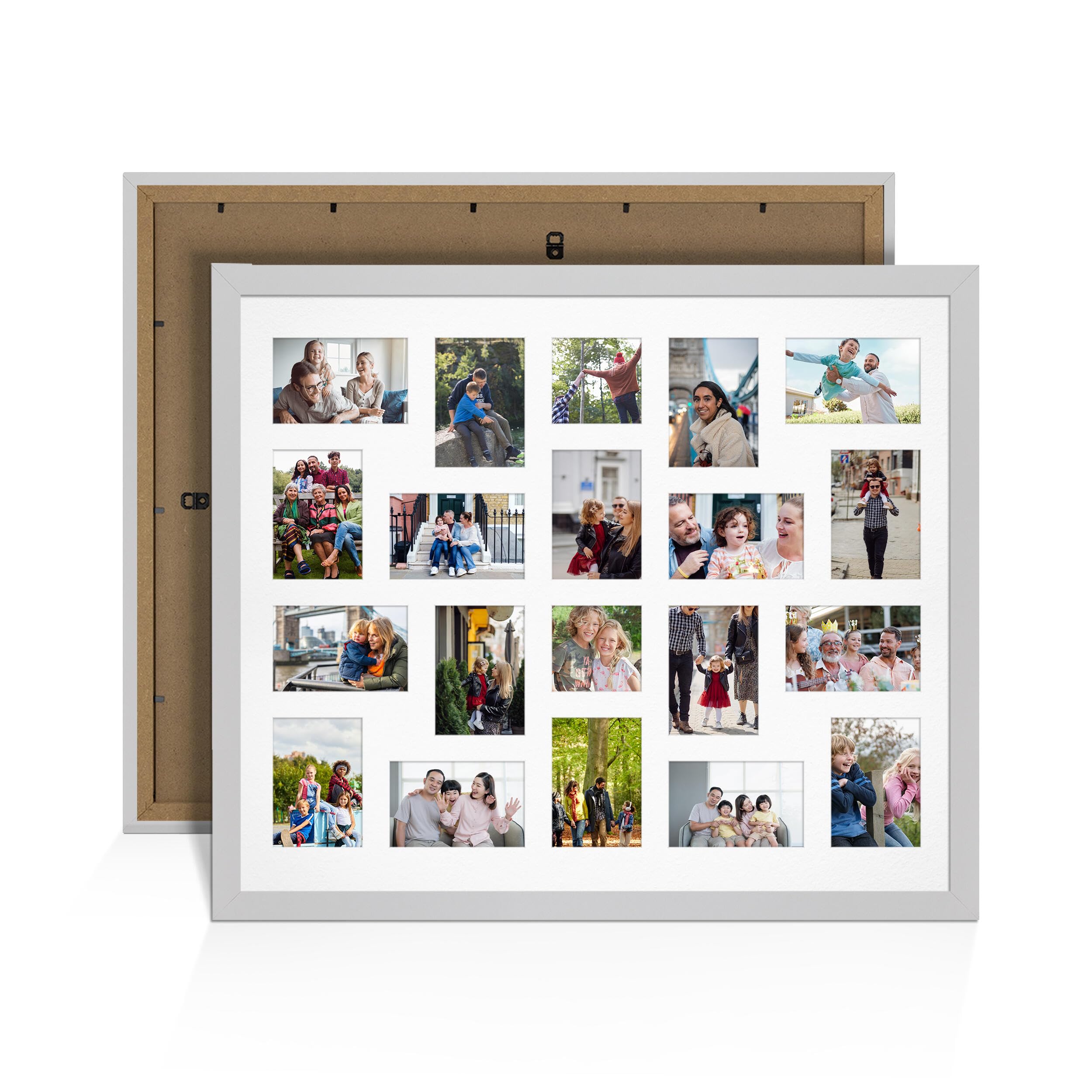 Alison Kingsgate Silver 80x70cm Photo frames for multiple pictures - 20 Apertures Collage Frame with White Mount- Holds (18x) 6x4 & (2x) 4x4 Photos - Engineered Wood & Perspex
