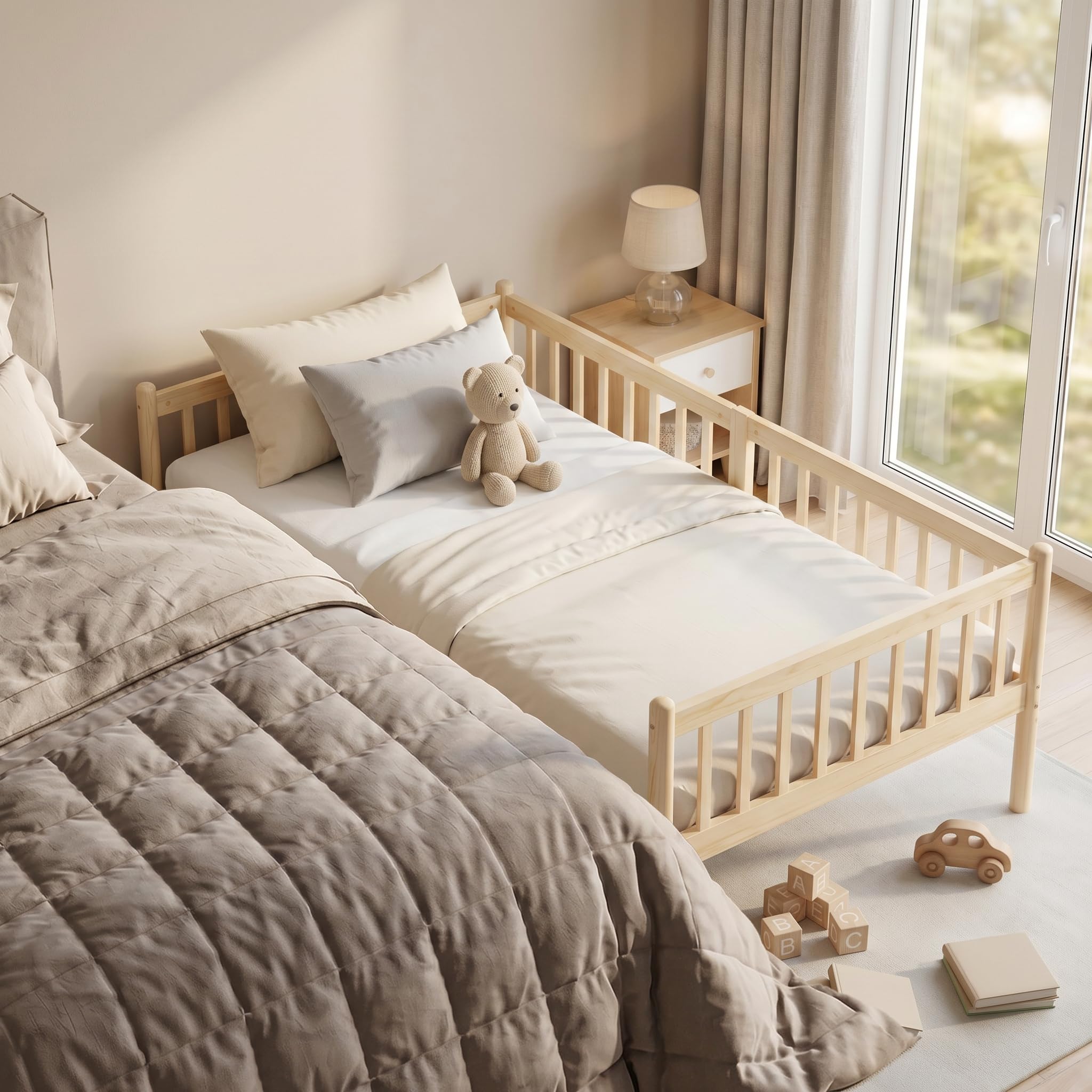 Beistellbett Kinderbett 90x200cm, Massivholz Rausfallschutz (Natur) | 2-in-1 Beistellbett & Einzelbett. 120kg Tragkraft. 29cm Stauraum. 3-seitiger Rausfallschutz ohne scharfe Ecken