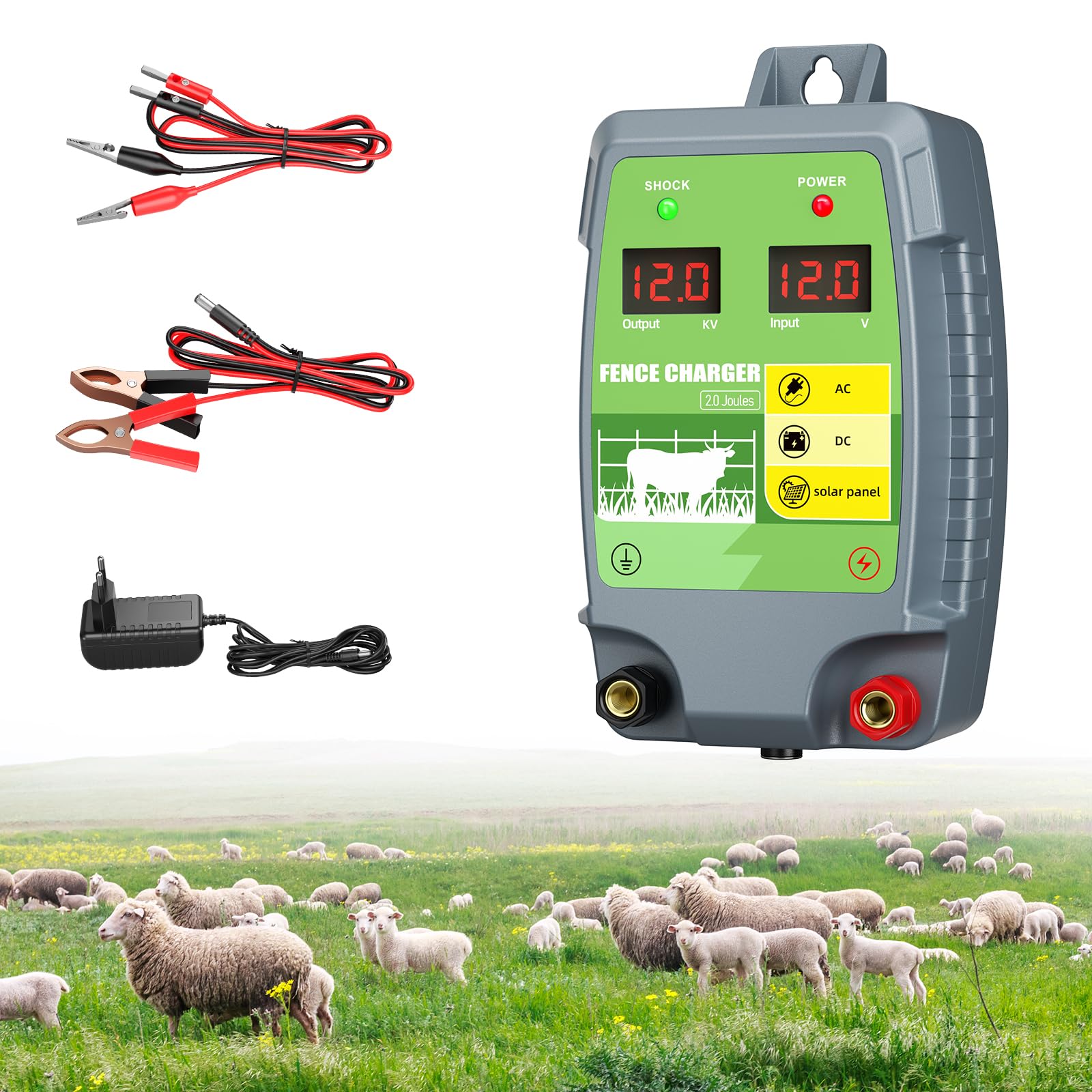 Dispositivo di recinzione elettrica 2J 10 km Gamma di controllo Energizzatore di recinzione elettrica impermeabile con display a LED 3 opzioni di alimentazione per agricoltori, allevatori