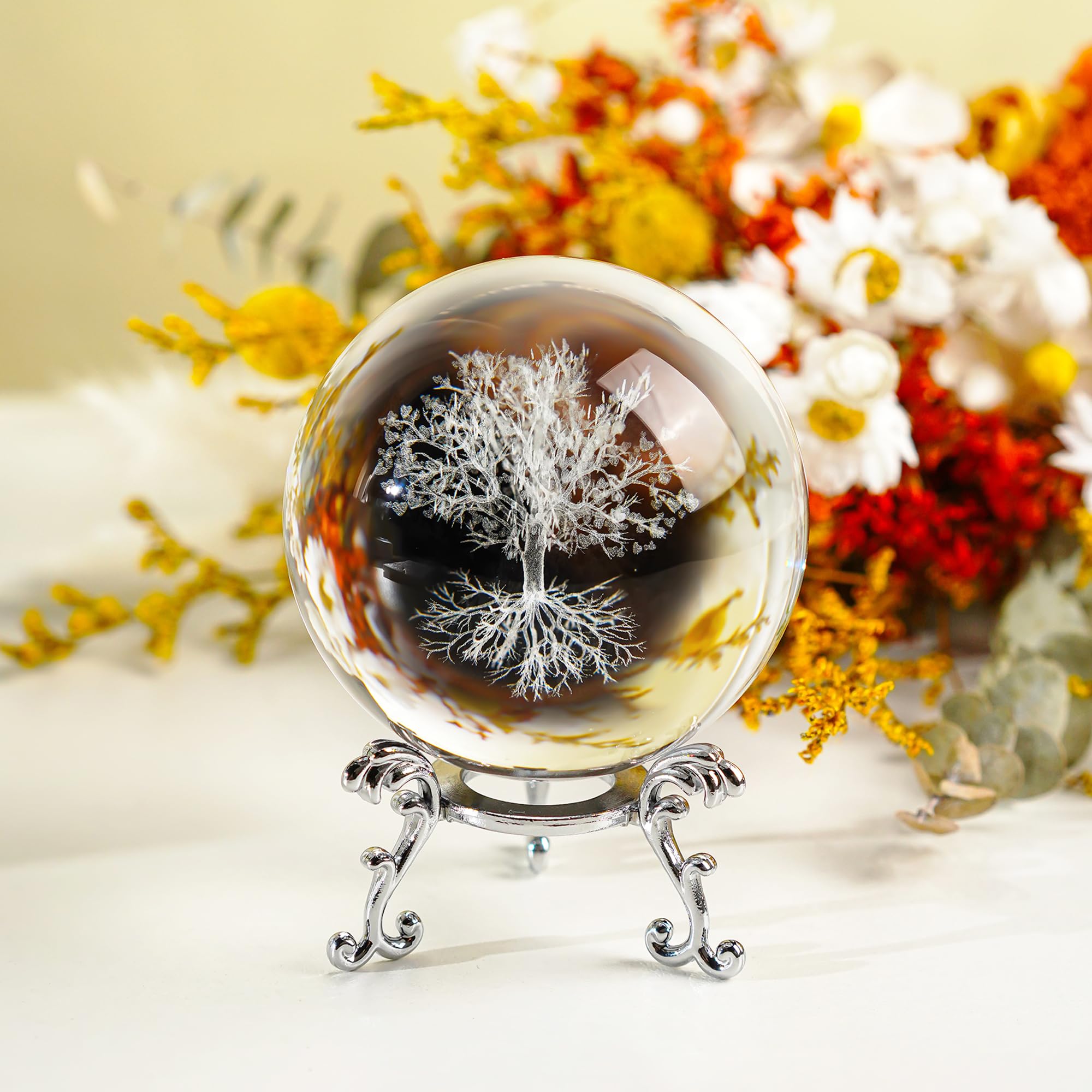 H&D HYALINE & DORA Sfera di cristallo dell'albero della vita da 70 mm con supporto, sfera decorativa in vetro K9, decorazione domestica 3D Laser Fengshui