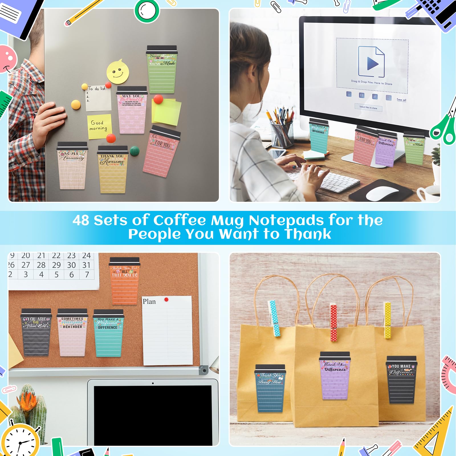 Mkway 48 Set Employee Appreciation Gifts Bulk Team - 48Pack Coffee Cup Notepad+48 Ballpoint Pens+ 48 Drawstring Gift Bags, Bulk Gifts for Coworkers/Staffs/Teachers/Christmas