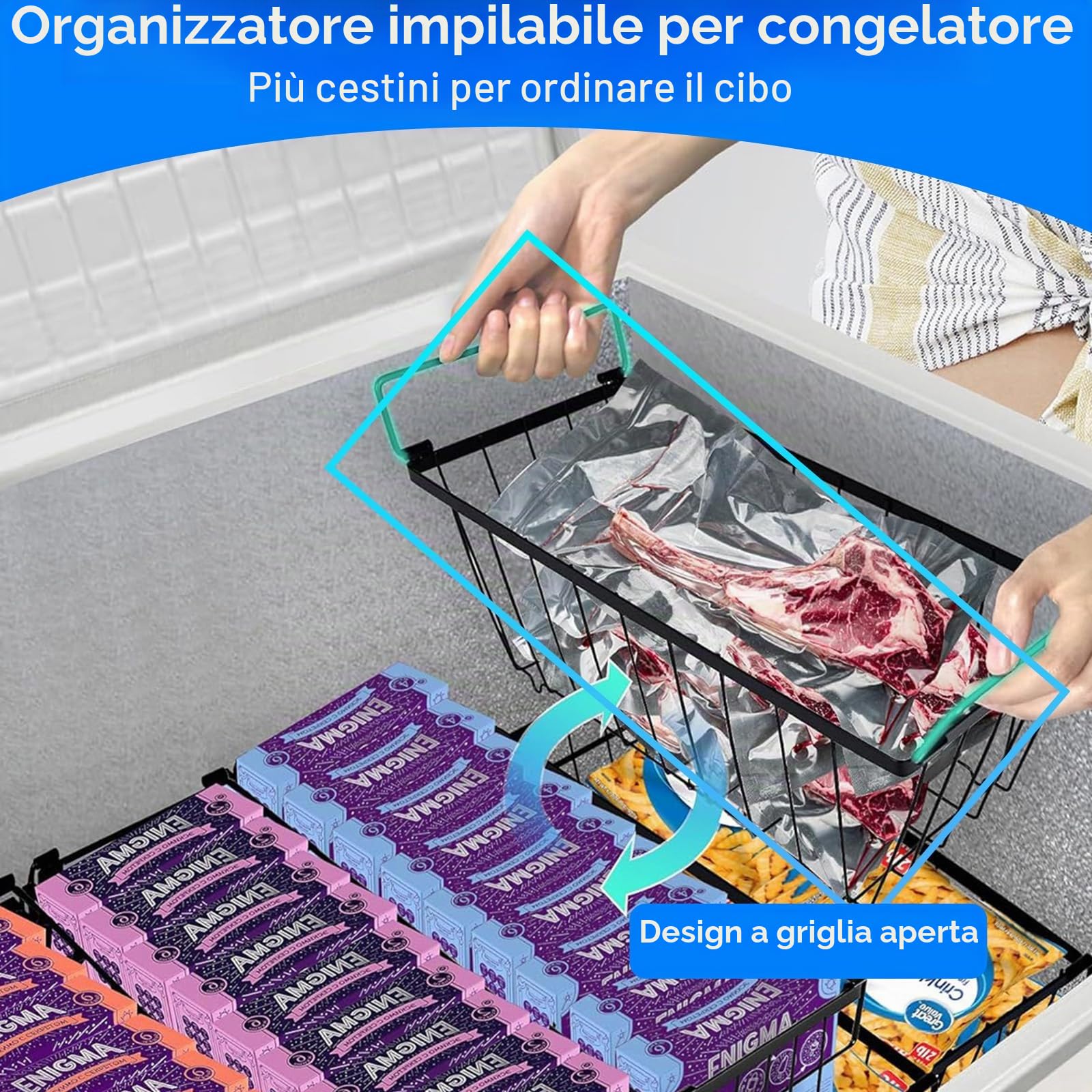 Set di 6 Organizer Impilabili per Congelatore con Maniglie | Fondo Antiscivolo, Adatti A Congelatore O Frigorifero, Ottimizzano Lo Spazio Per Gli Alimenti